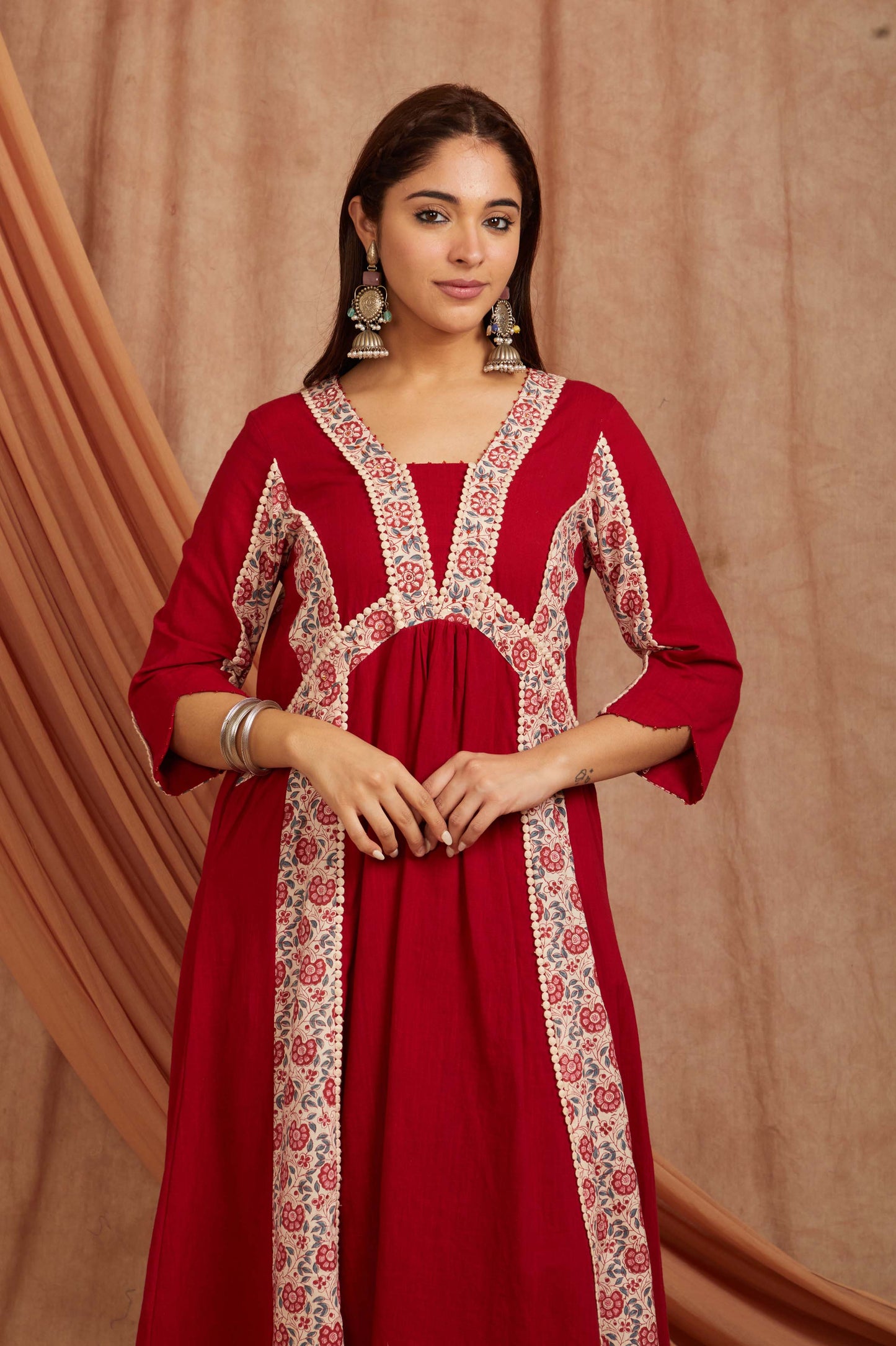 Red Cotton Slub Floral Printed Kurta And Pant-Set of 2