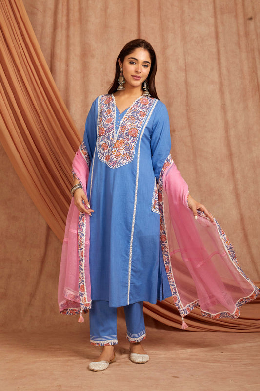 Blue Cotton Slub Floral Applique Suit Set-Set of 3