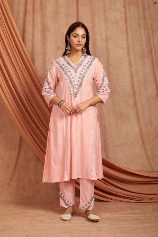 Pink Cotton Slub Printed Kurta And Pant-Set of 2