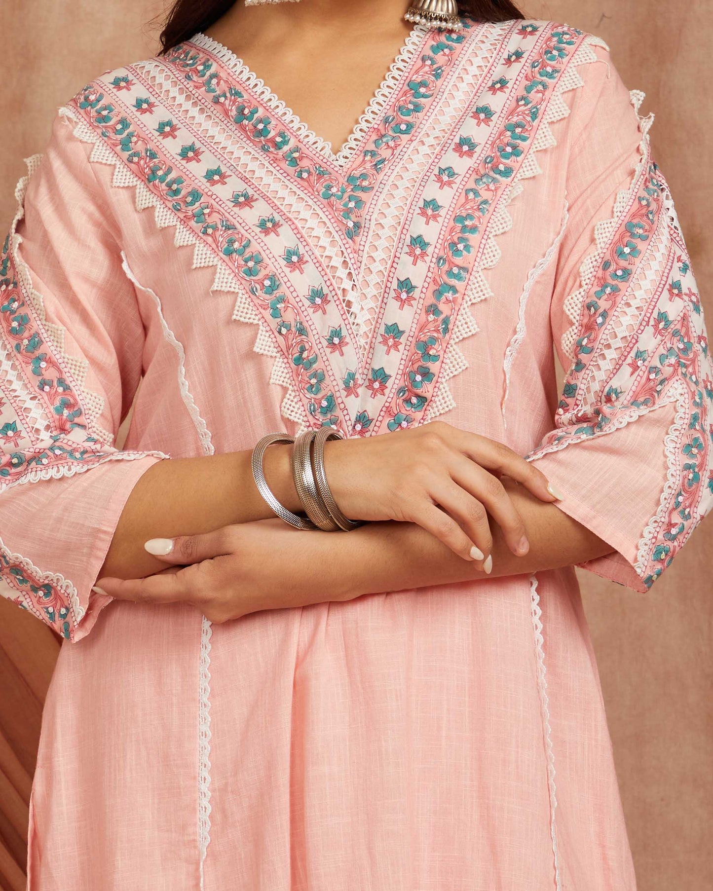Pink Cotton Slub Printed Kurta And Pant-Set of 2