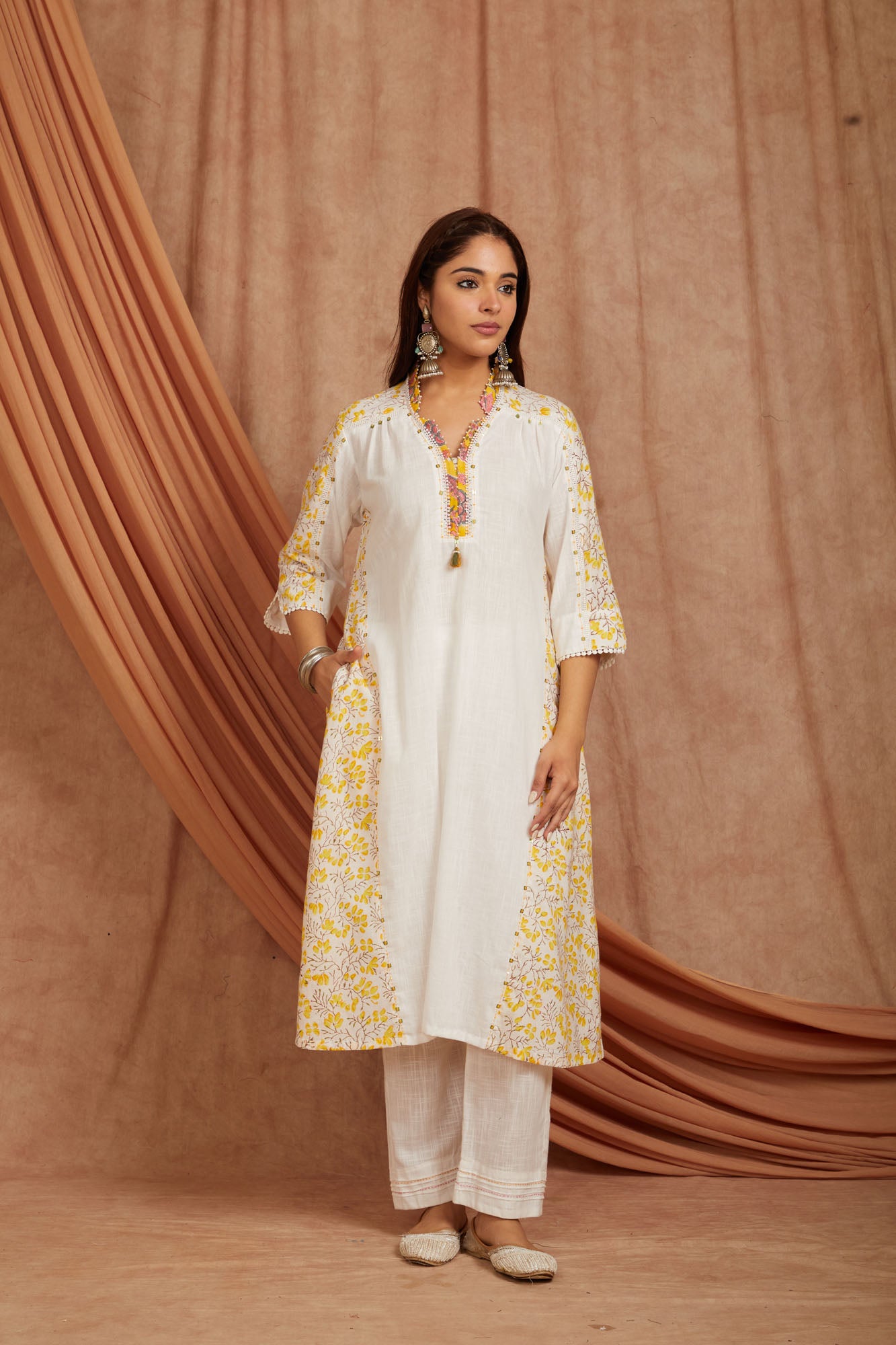 White Printed Cotton Slub Kurta Pant -Set of 2