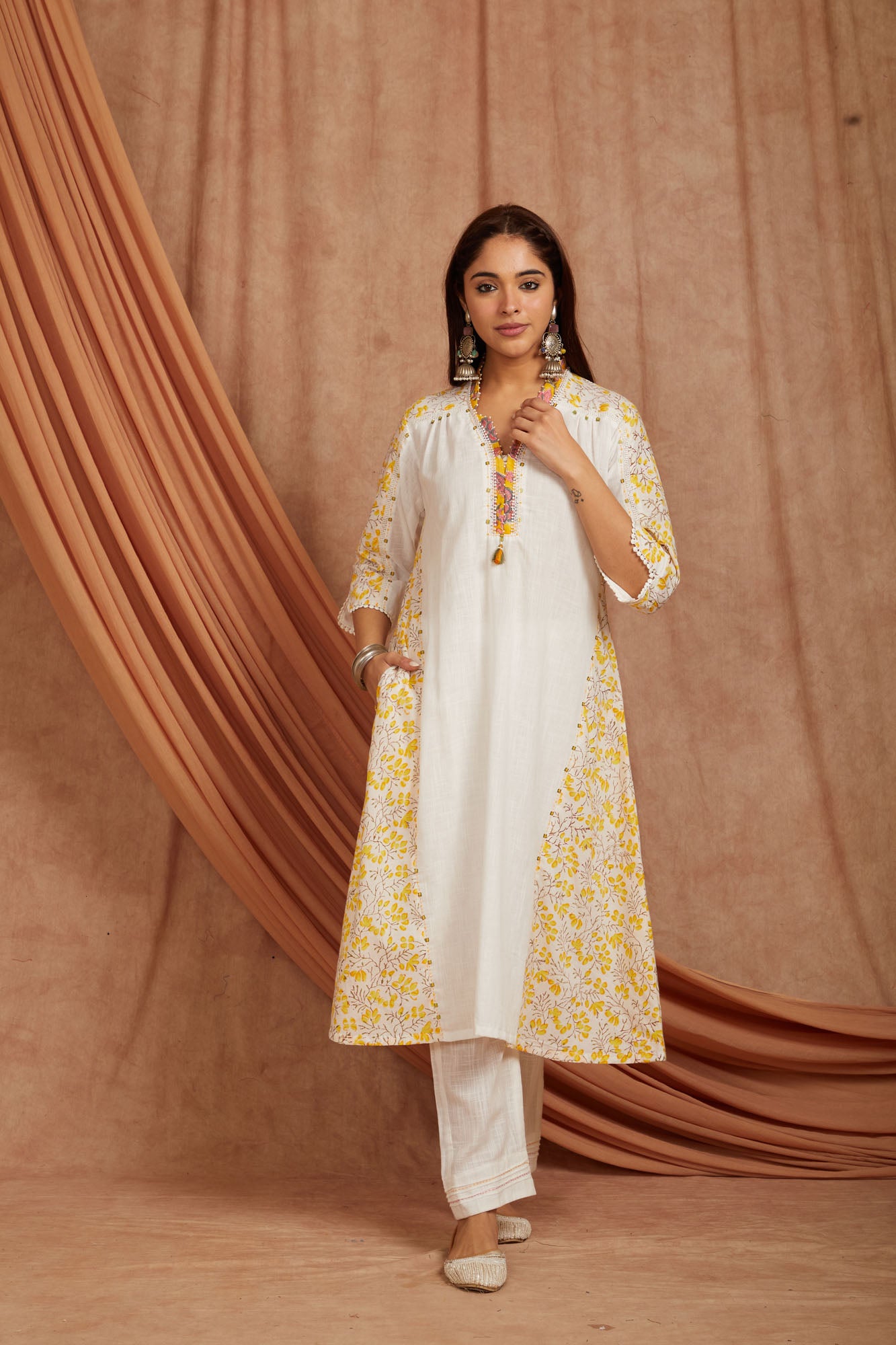 White Printed Cotton Slub Kurta Pant -Set of 2