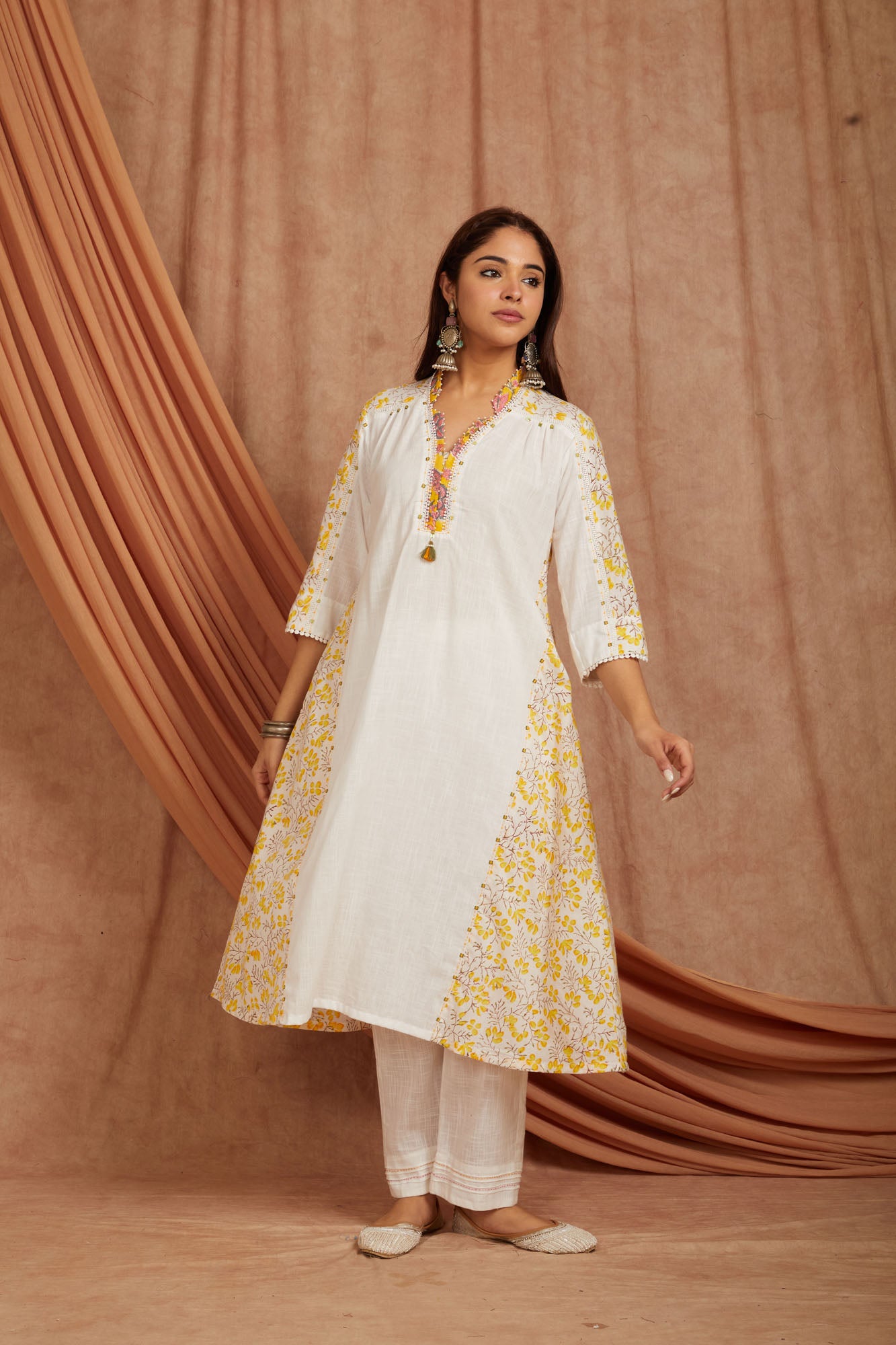 White Printed Cotton Slub Kurta Pant -Set of 2