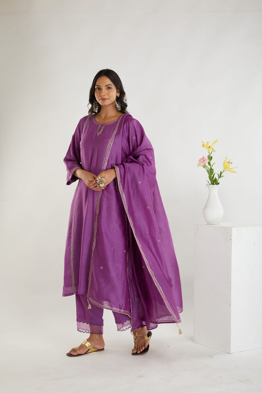 Purple Chanderi Golden Zari Embroidered Kurta and Pant-Set of 2