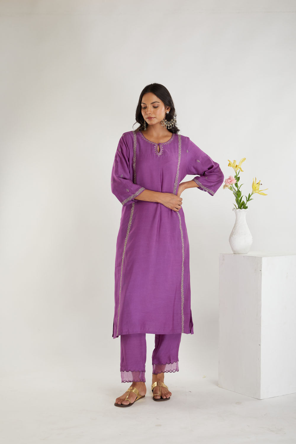 Purple Muslin Golden Zari Embroidered Kurta and Pant-Set of 2