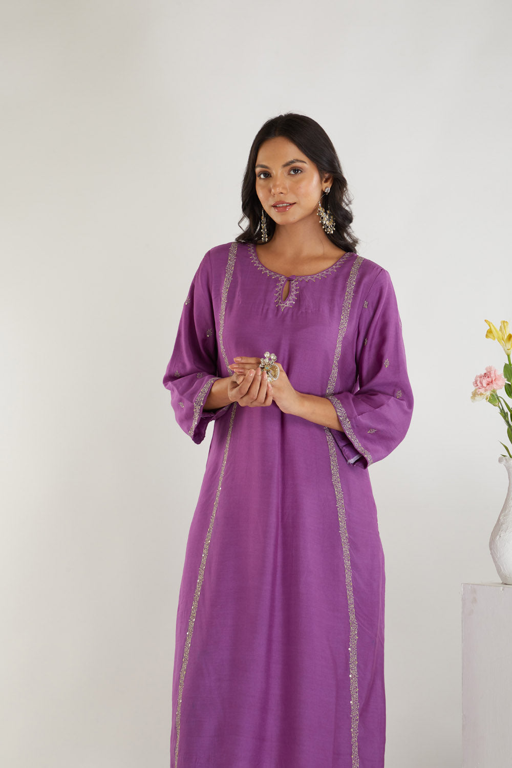 Purple Muslin Golden Zari Embroidered Kurta and Pant-Set of 2
