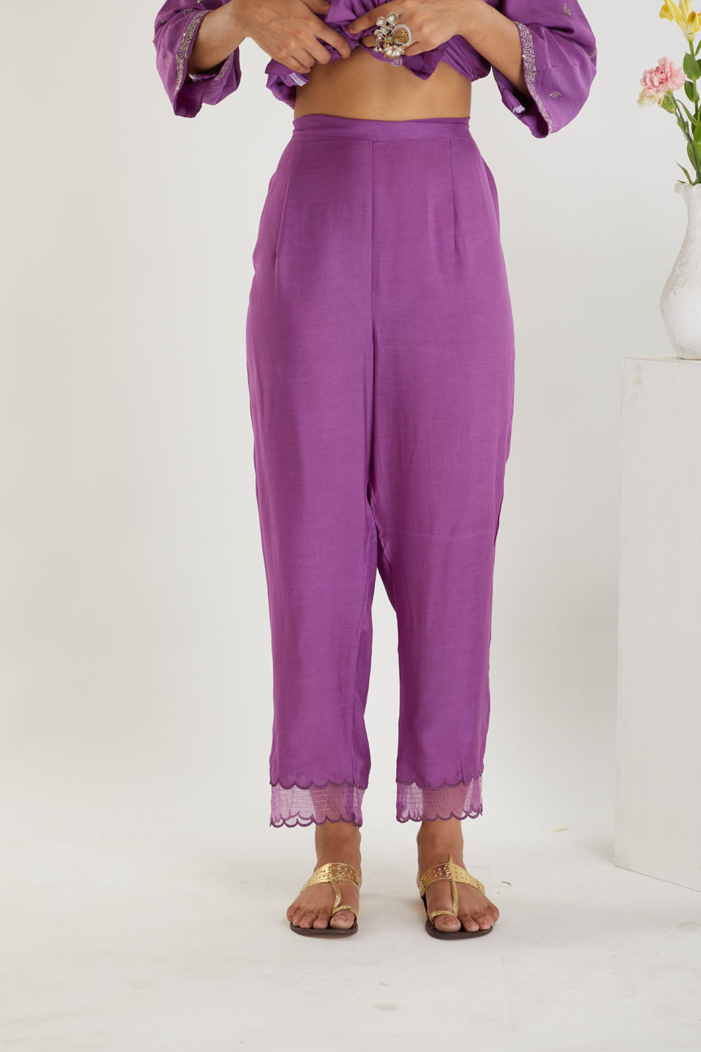 Purple Muslin Golden Zari Embroidered Kurta and Pant-Set of 2
