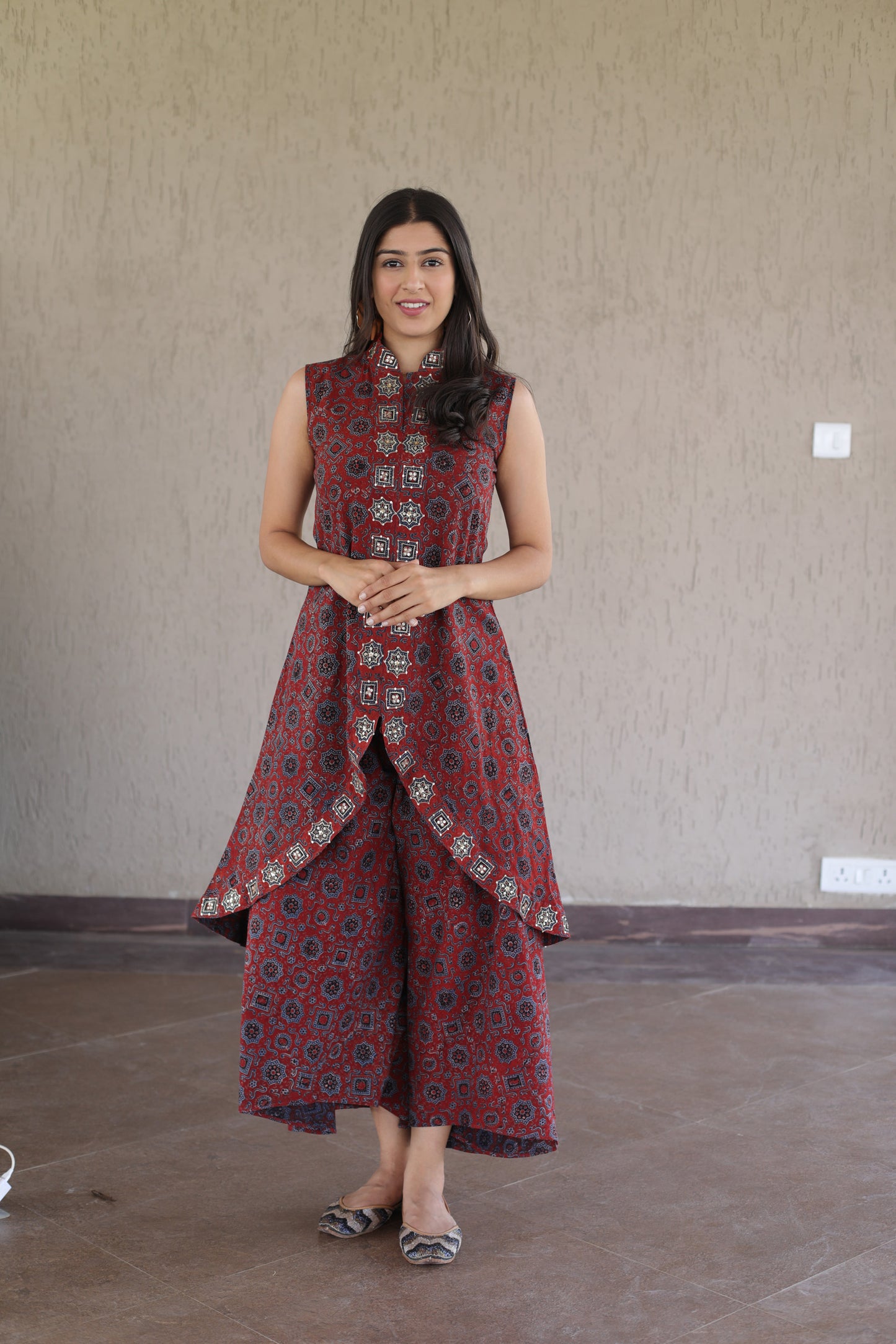 Marron hand embroidered Ajrakh cordset