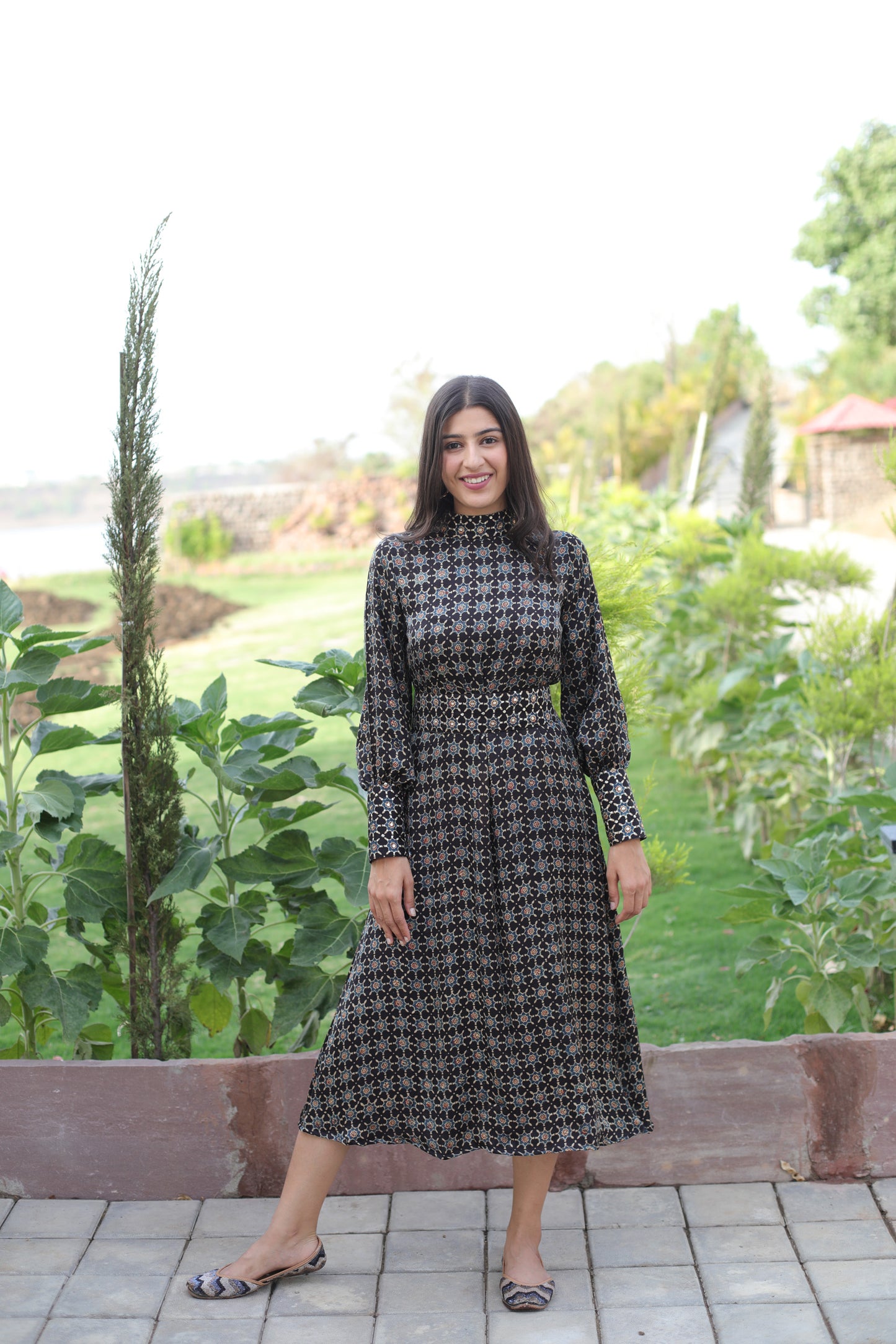 Black Star Print Modal Dress with Embellished High Neck , cuff and Belt