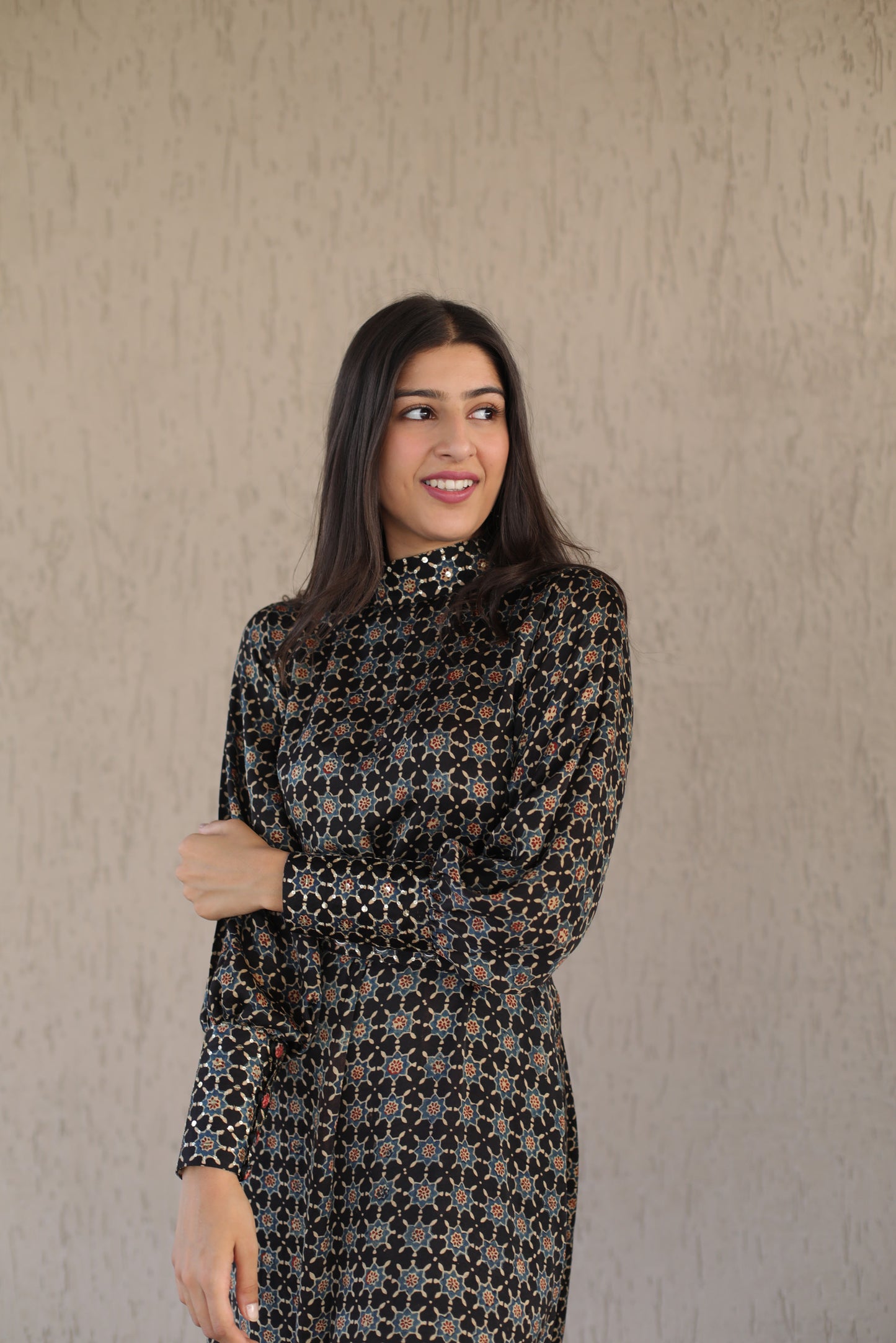 Black Star Print Modal Dress with Embellished High Neck , cuff and Belt