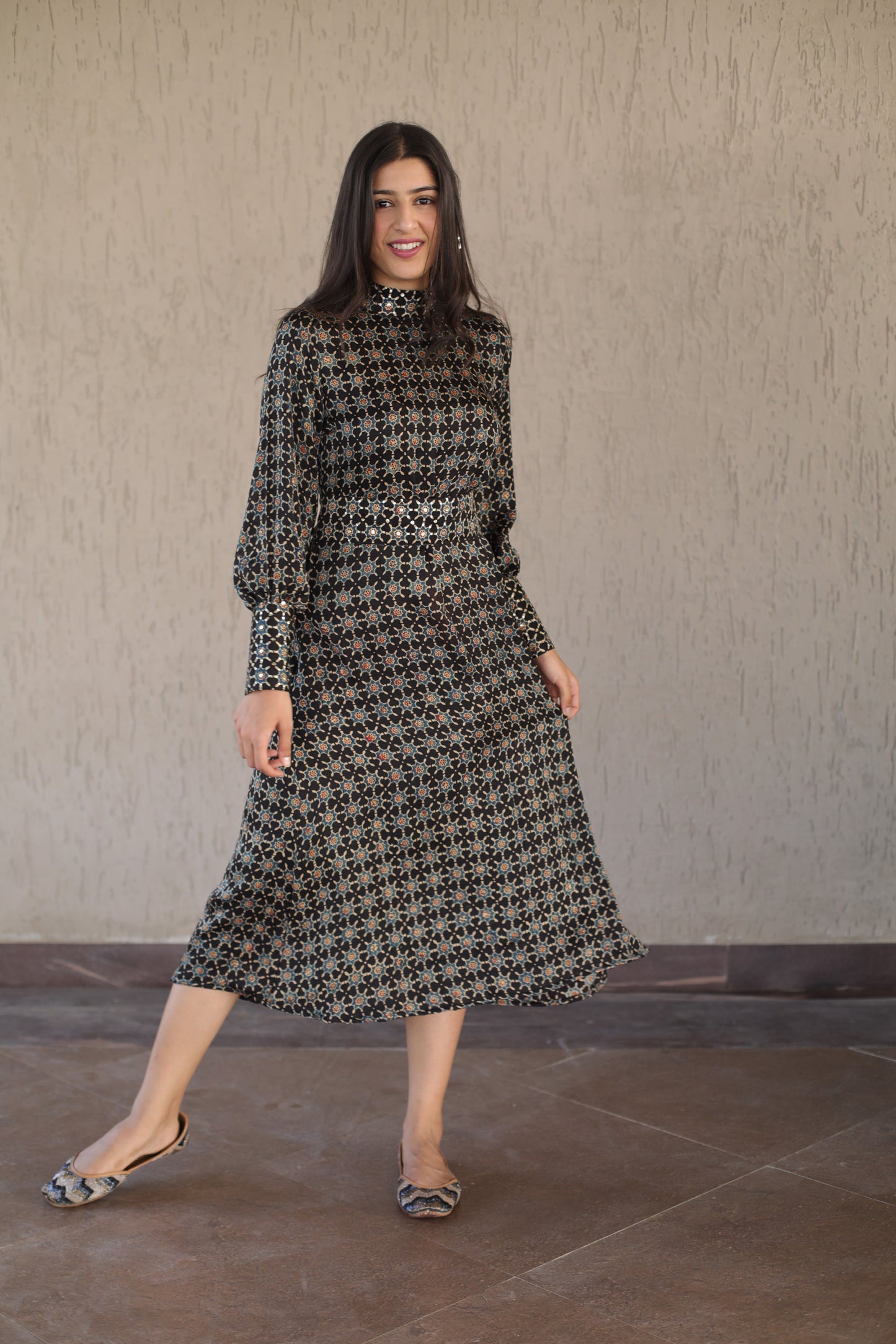 Black Star Print Modal Dress with Embellished High Neck , cuff and Belt
