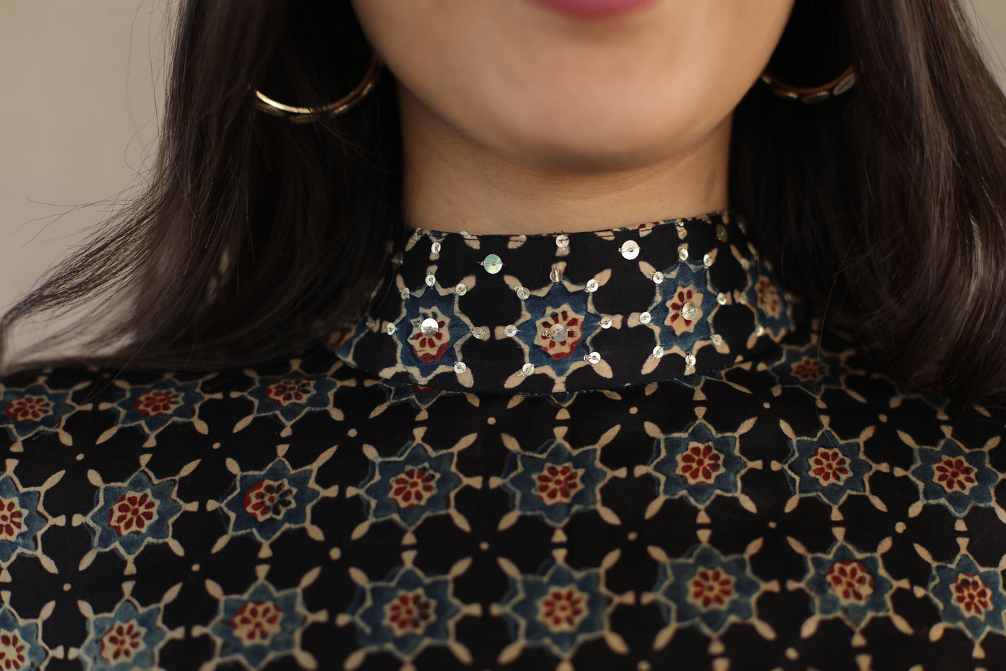 Black Star Print Modal Dress with Embellished High Neck , cuff and Belt