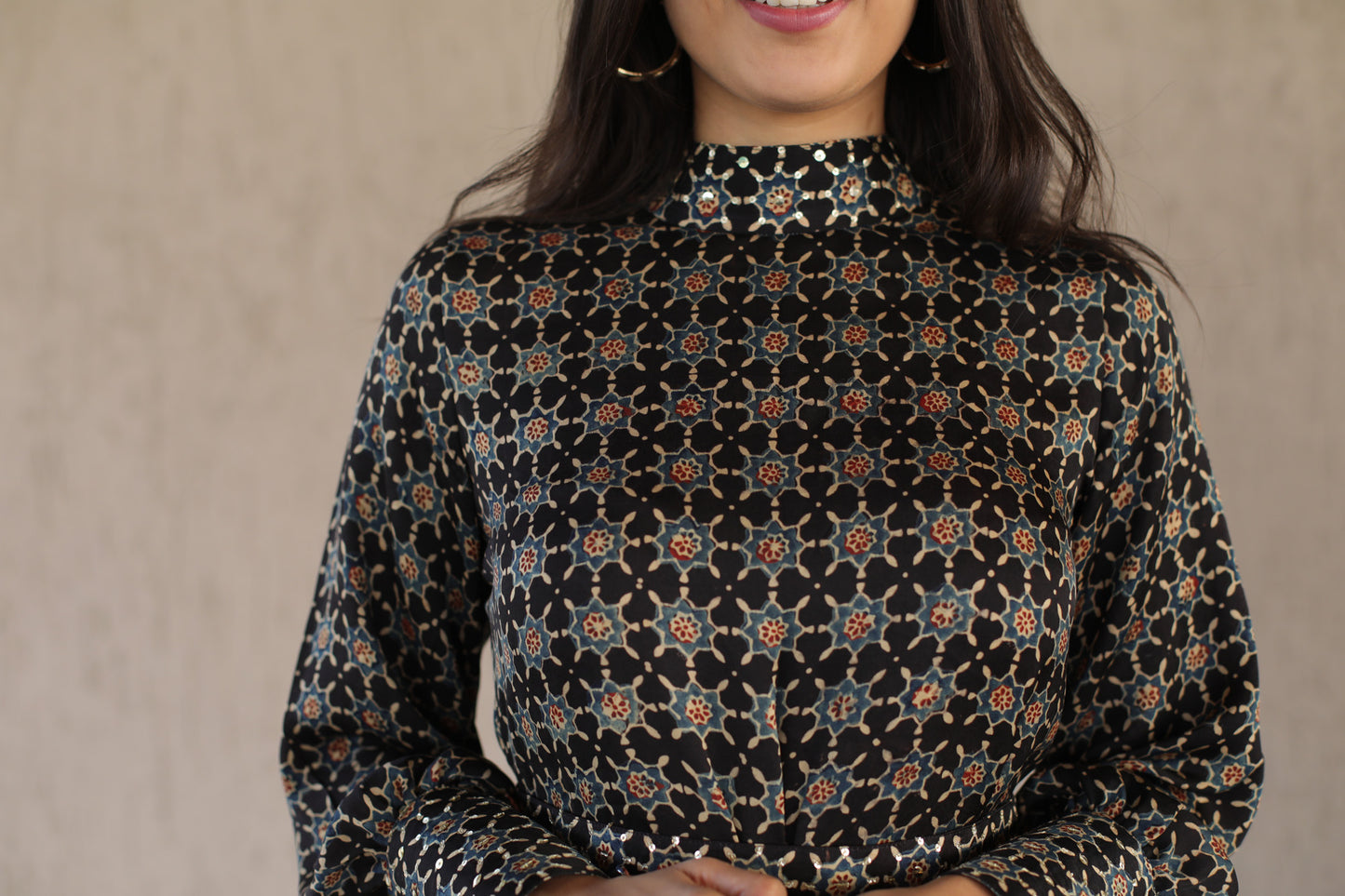Black Star Print Modal Dress with Embellished High Neck , cuff and Belt