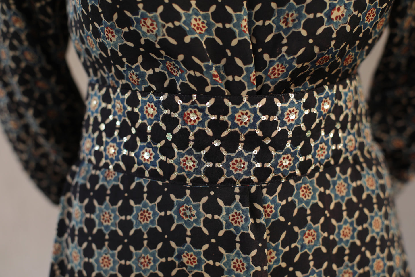 Black Star Print Modal Dress with Embellished High Neck , cuff and Belt