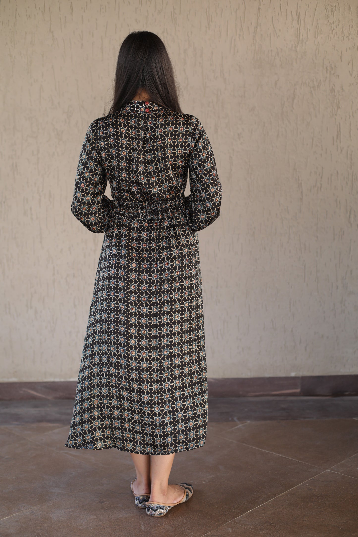Black Star Print Modal Dress with Embellished High Neck , cuff and Belt