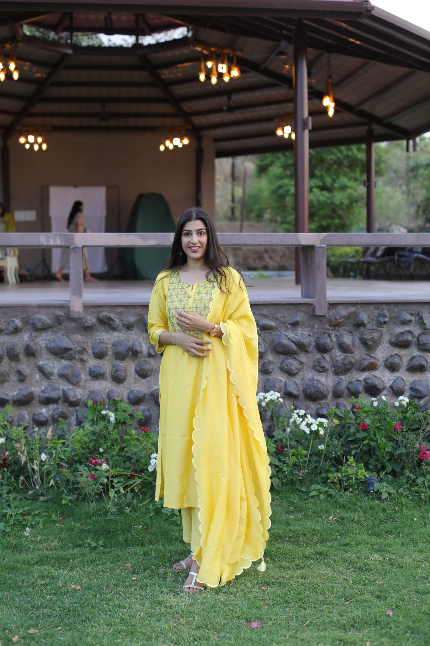 Yellow beaded Chanderi suitset