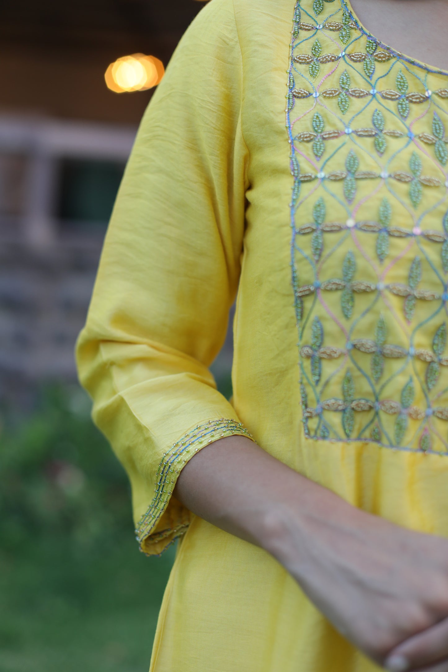 Yellow beaded Chanderi suitset