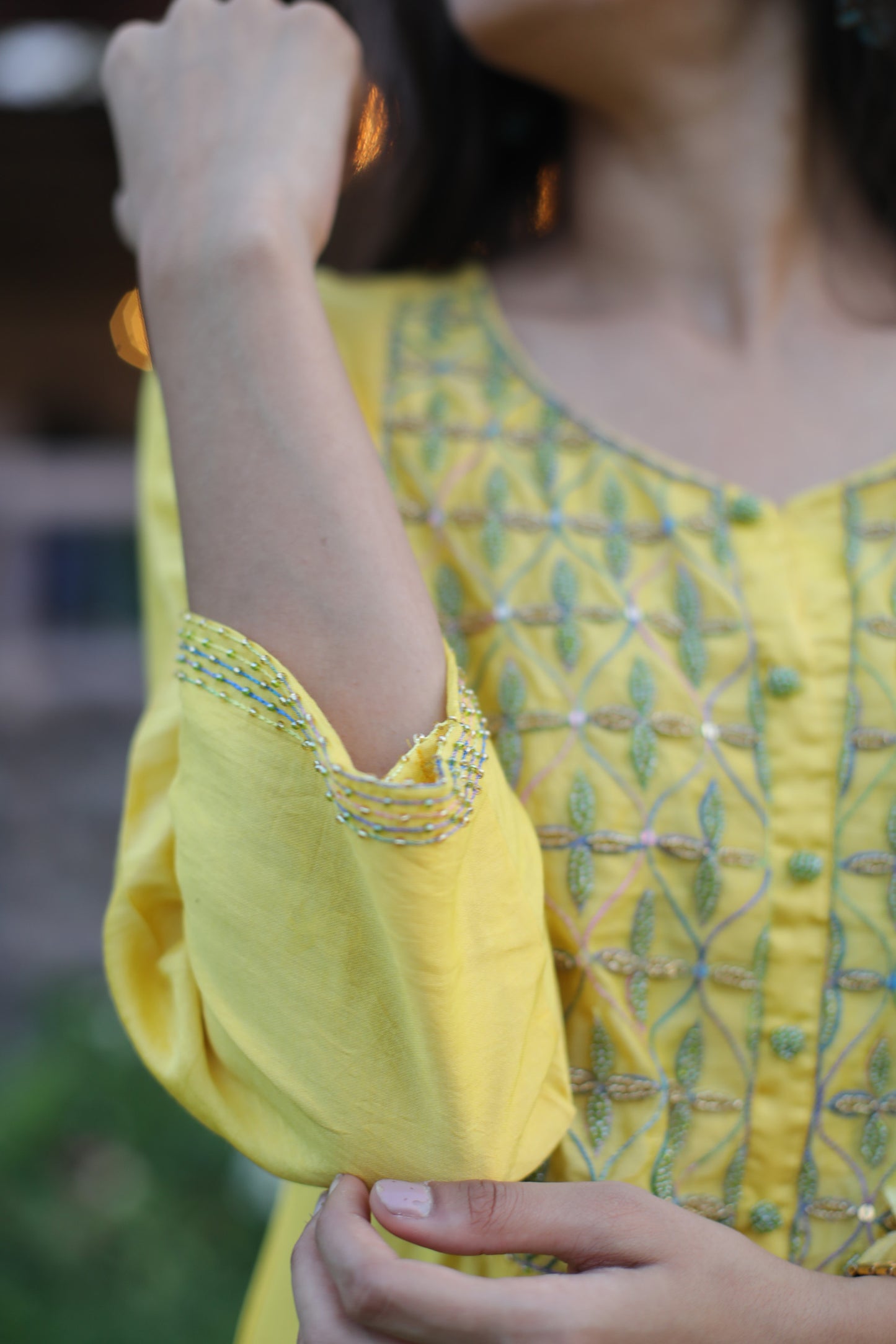 Yellow beaded Chanderi suitset