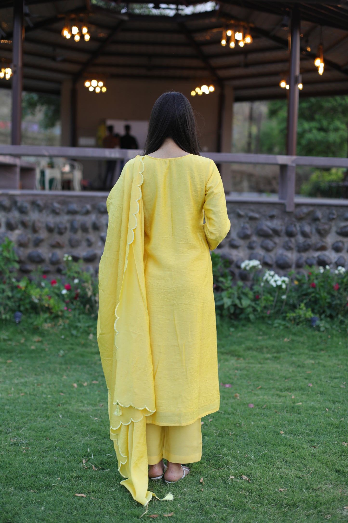 Yellow beaded Chanderi suitset