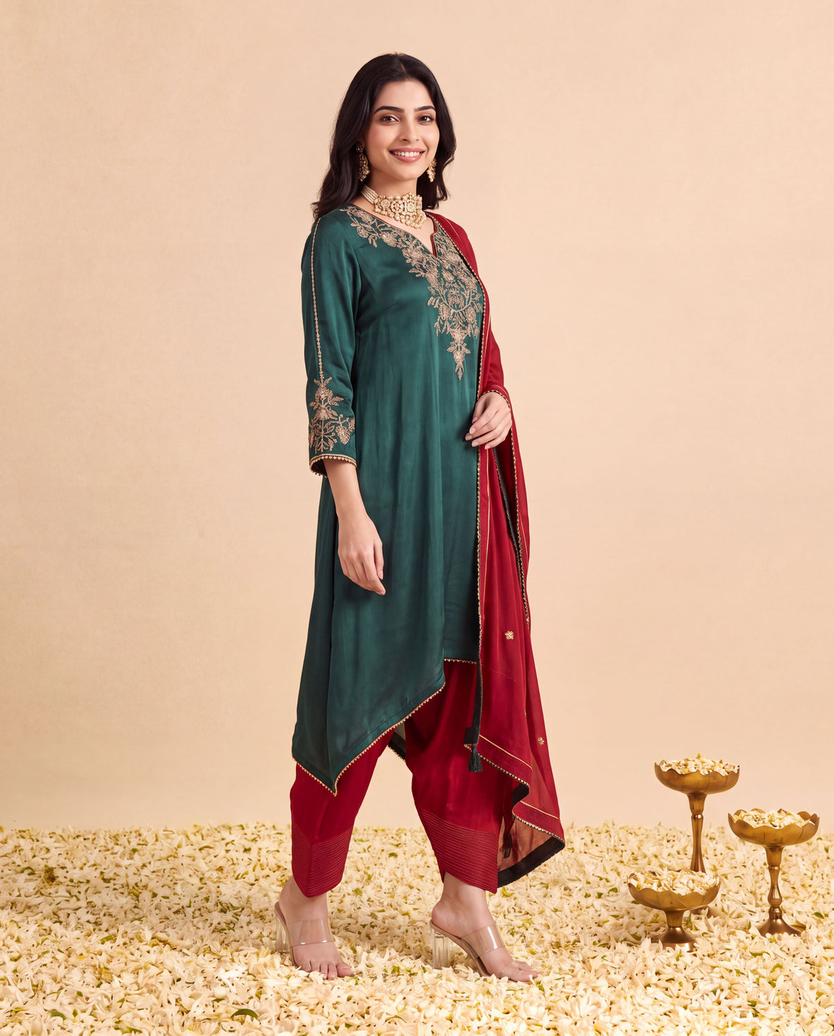 Green Modal Satin suit with Farshi salwar set and Marron Georget Dupatta