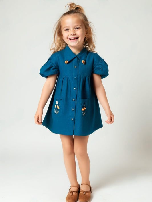 Blue Cotton Slub Floral Embroidered Dress