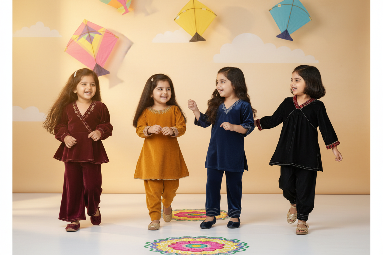 Blue V neck Velvet Zari Embroidered kurta with pant for Kids