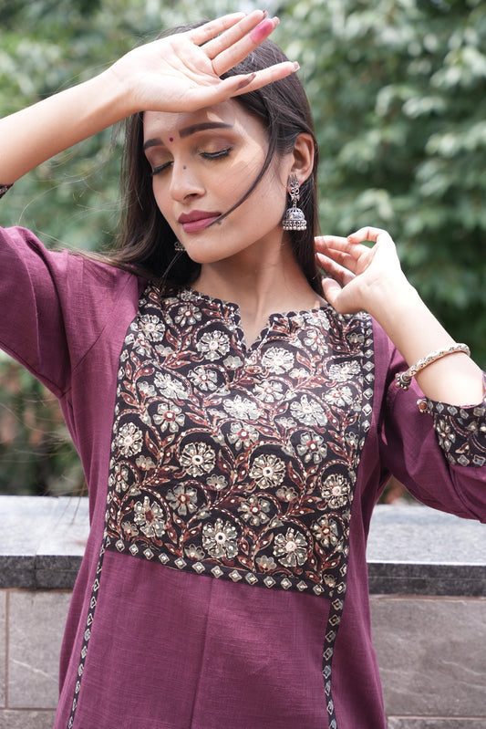 Ajrakh patched Hand embroidered cotton Kurta pant