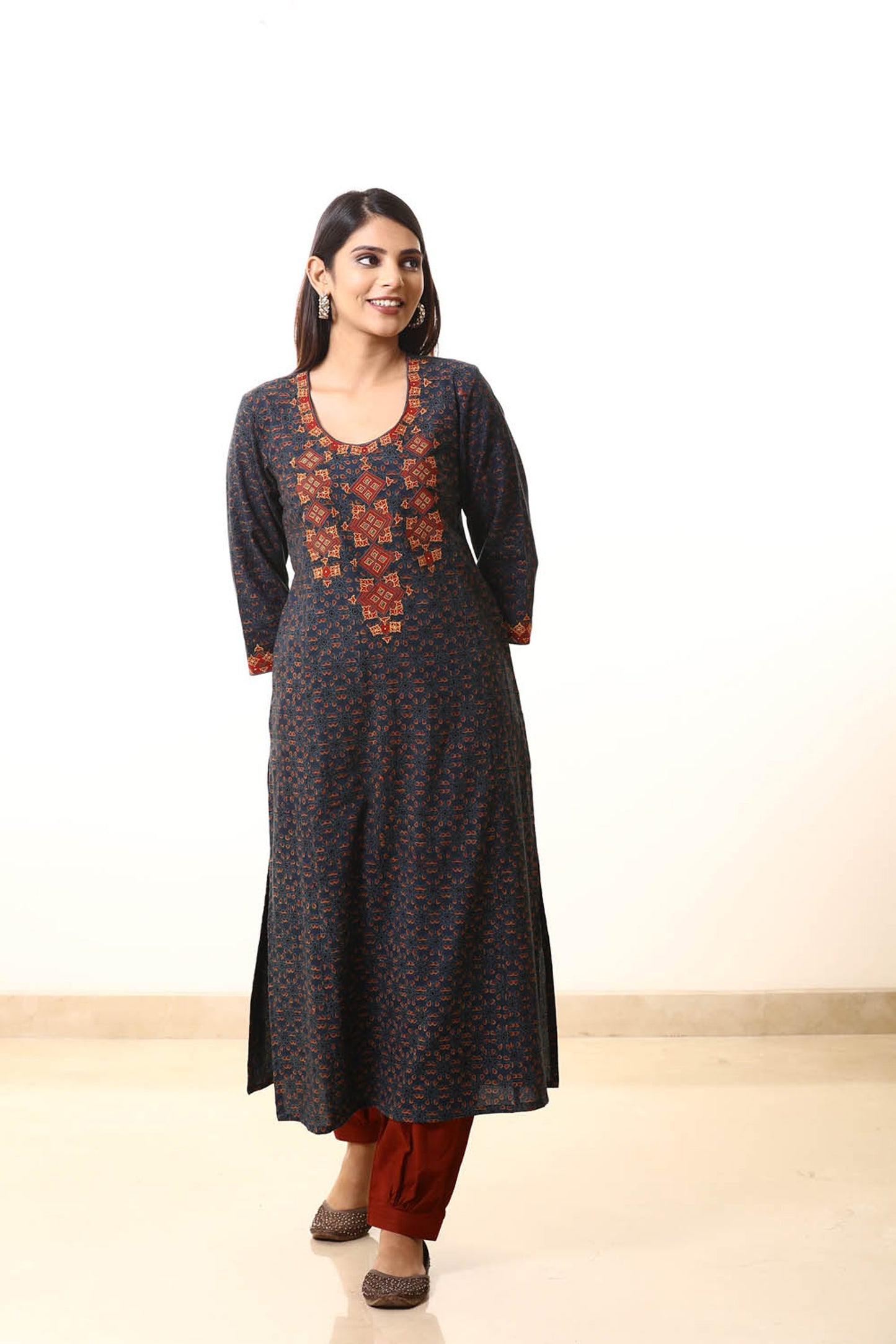 Blue patch Silk embroidered Ajrakh suitset