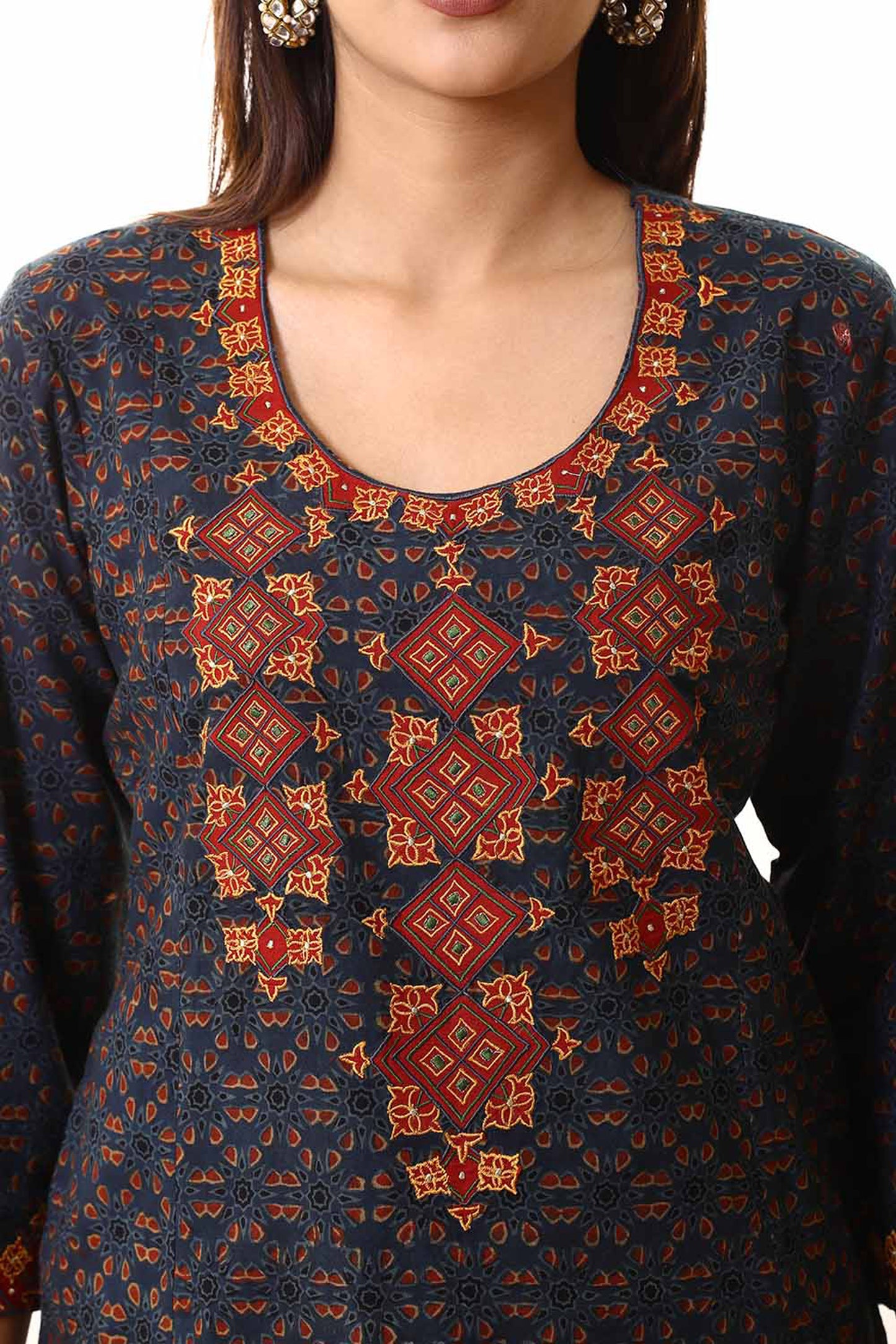 Blue patch Silk embroidered Ajrakh suitset