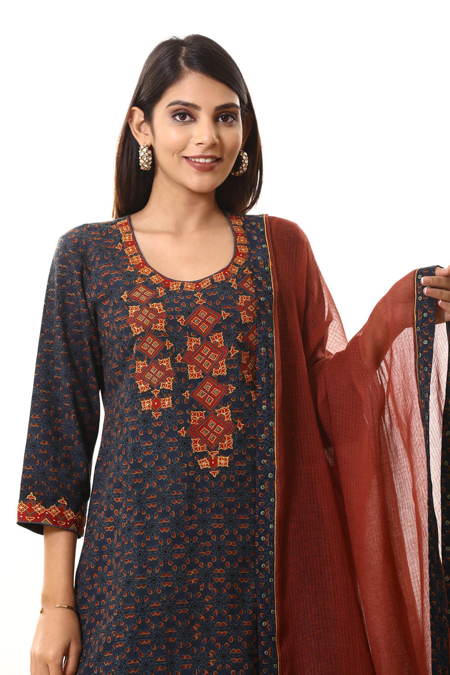 Blue patch Silk embroidered Ajrakh suitset