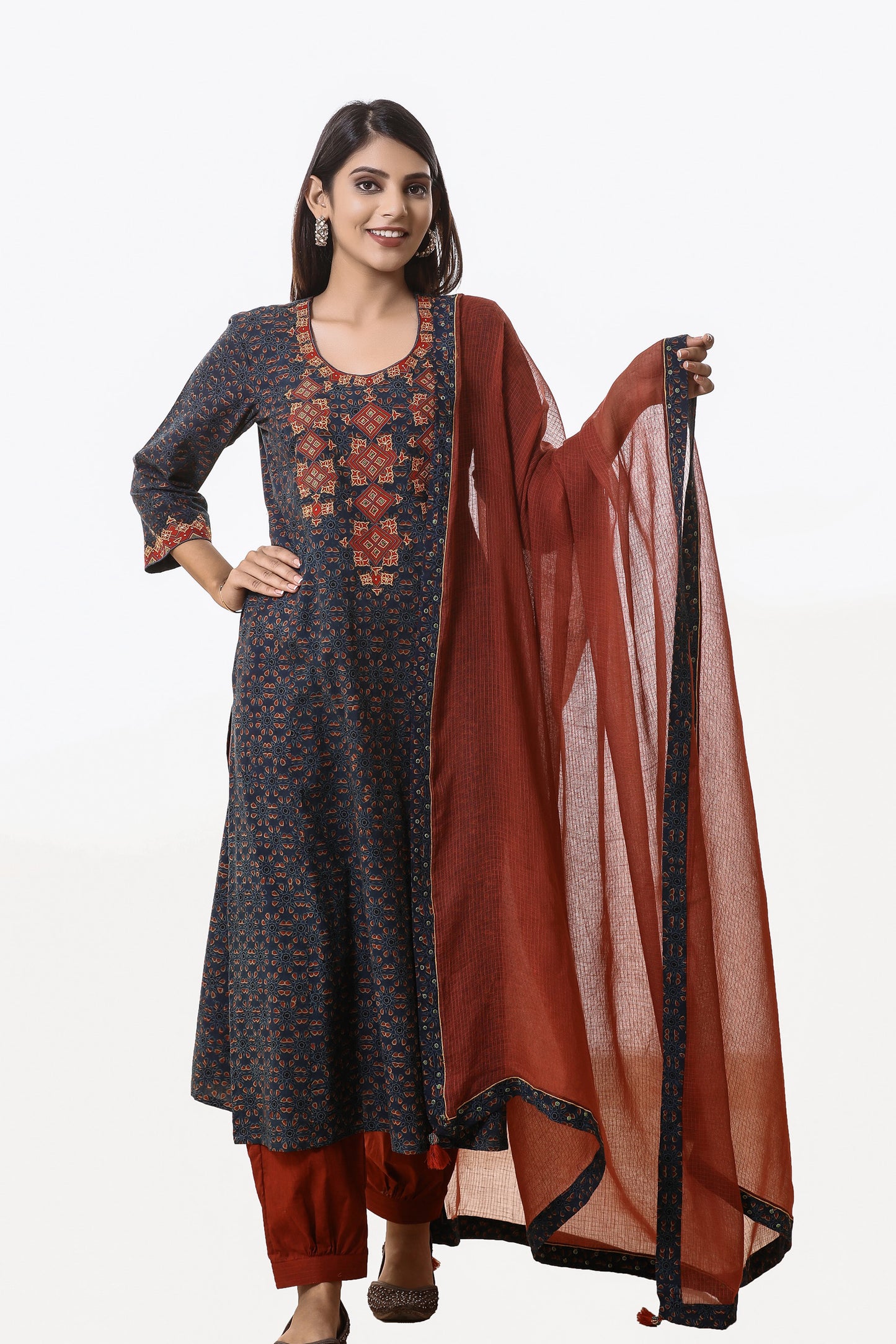 Blue patch Silk embroidered Ajrakh suitset