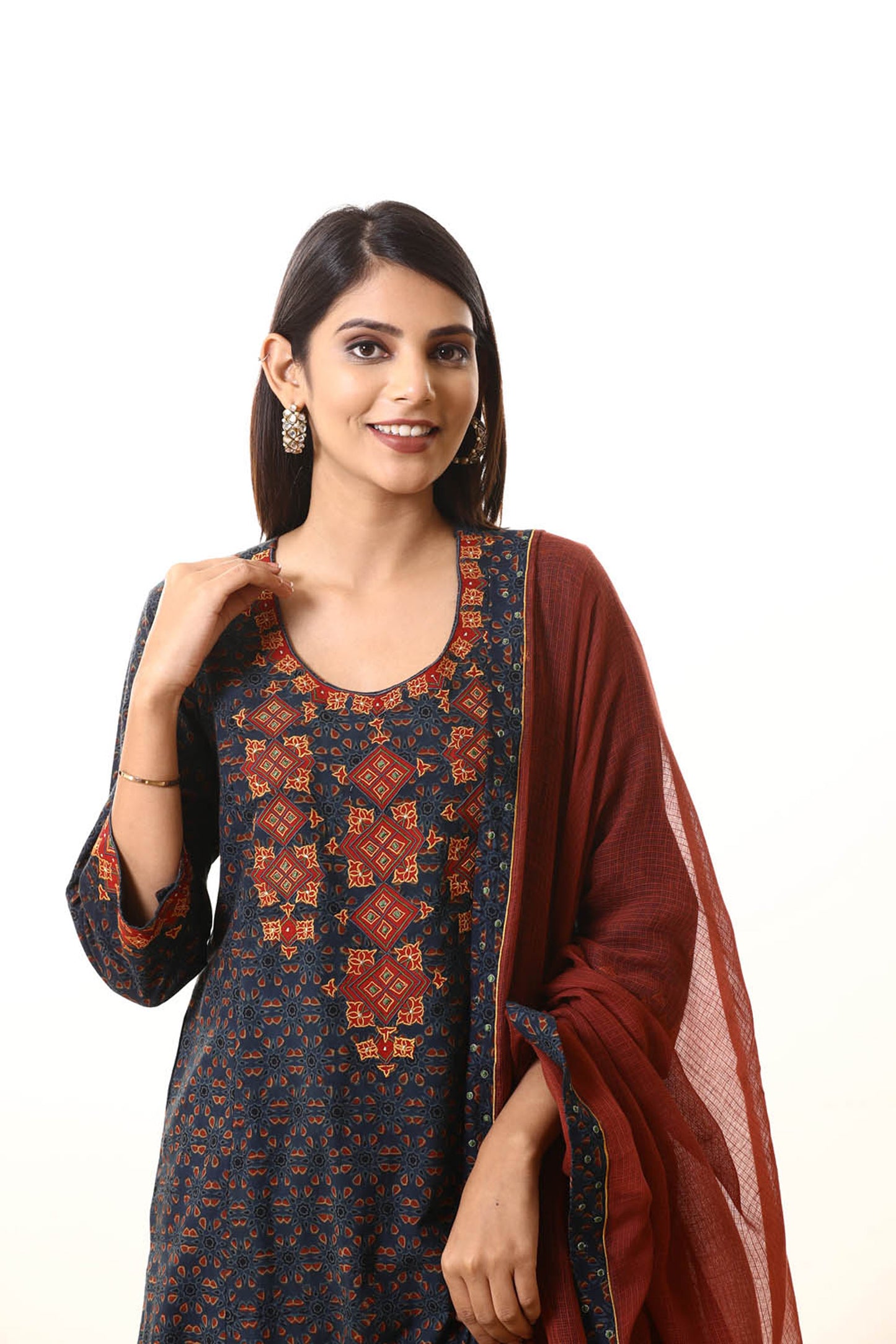 Blue patch Silk embroidered Ajrakh suitset