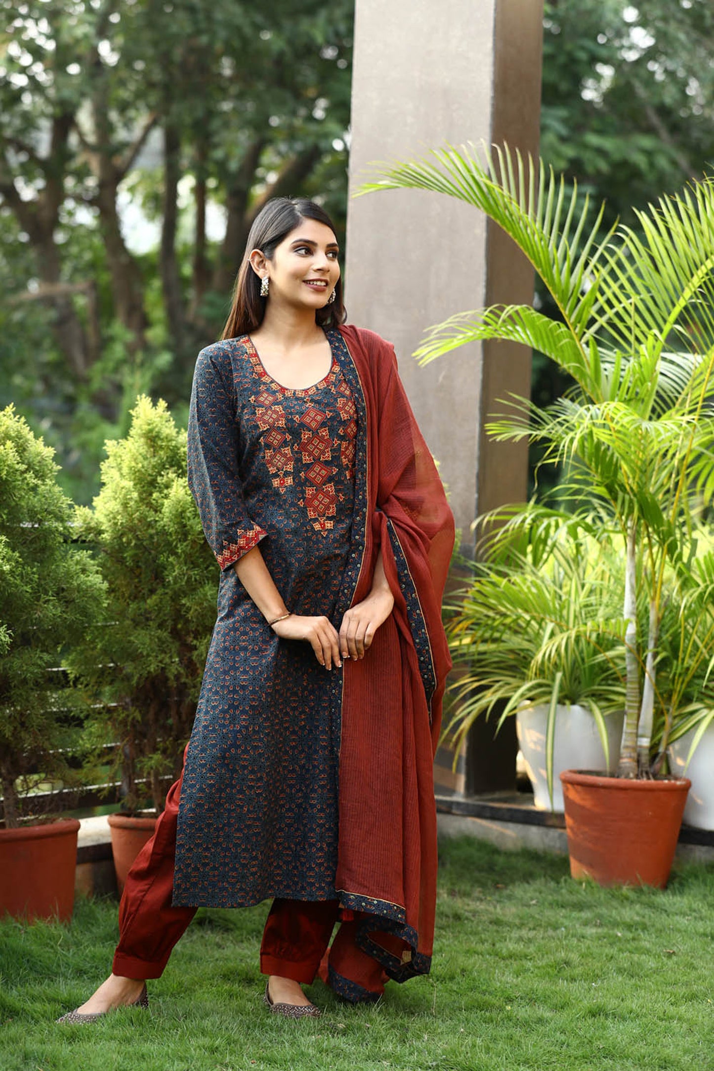 Blue patch Silk embroidered Ajrakh suitset
