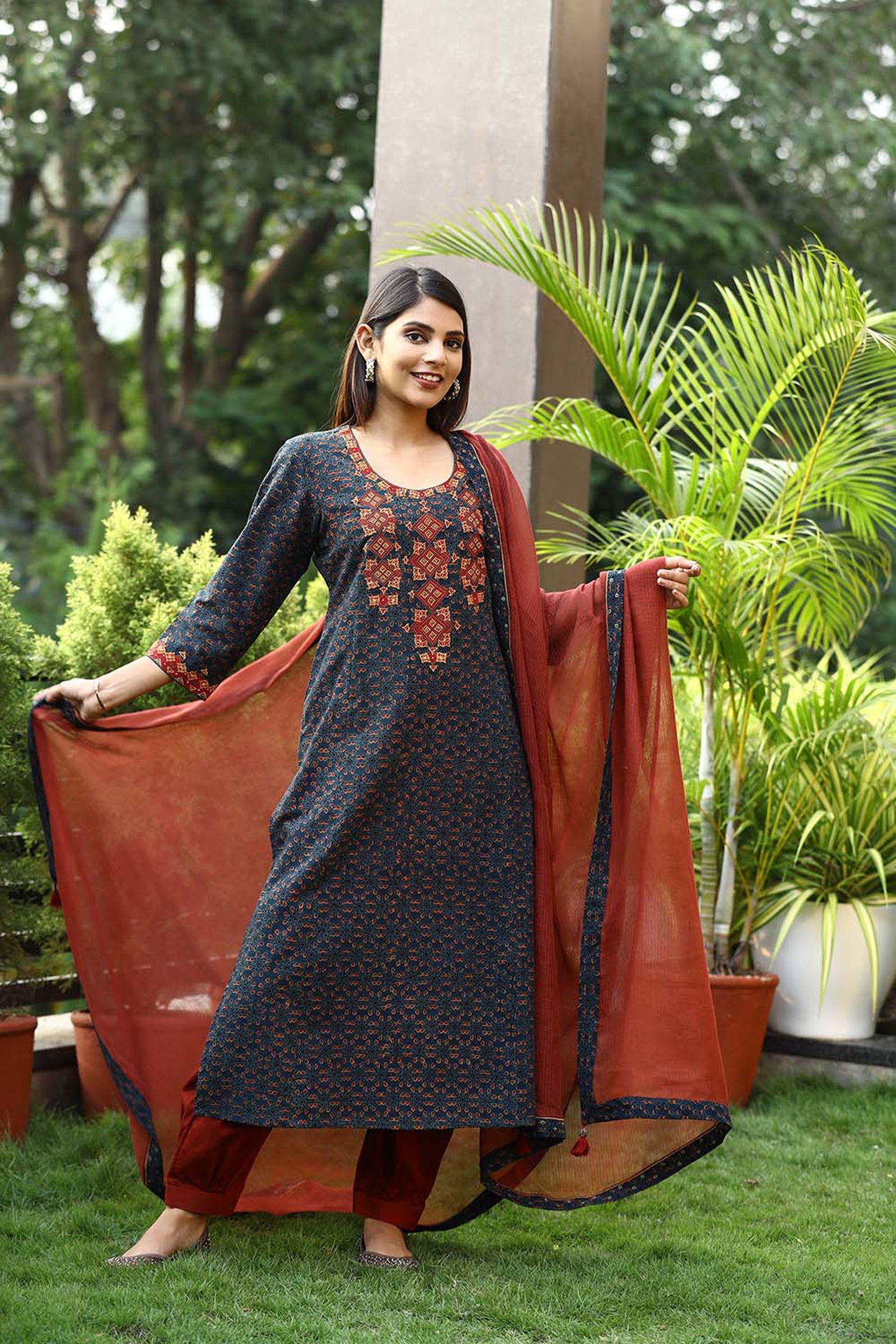 Blue patch Silk embroidered Ajrakh suitset