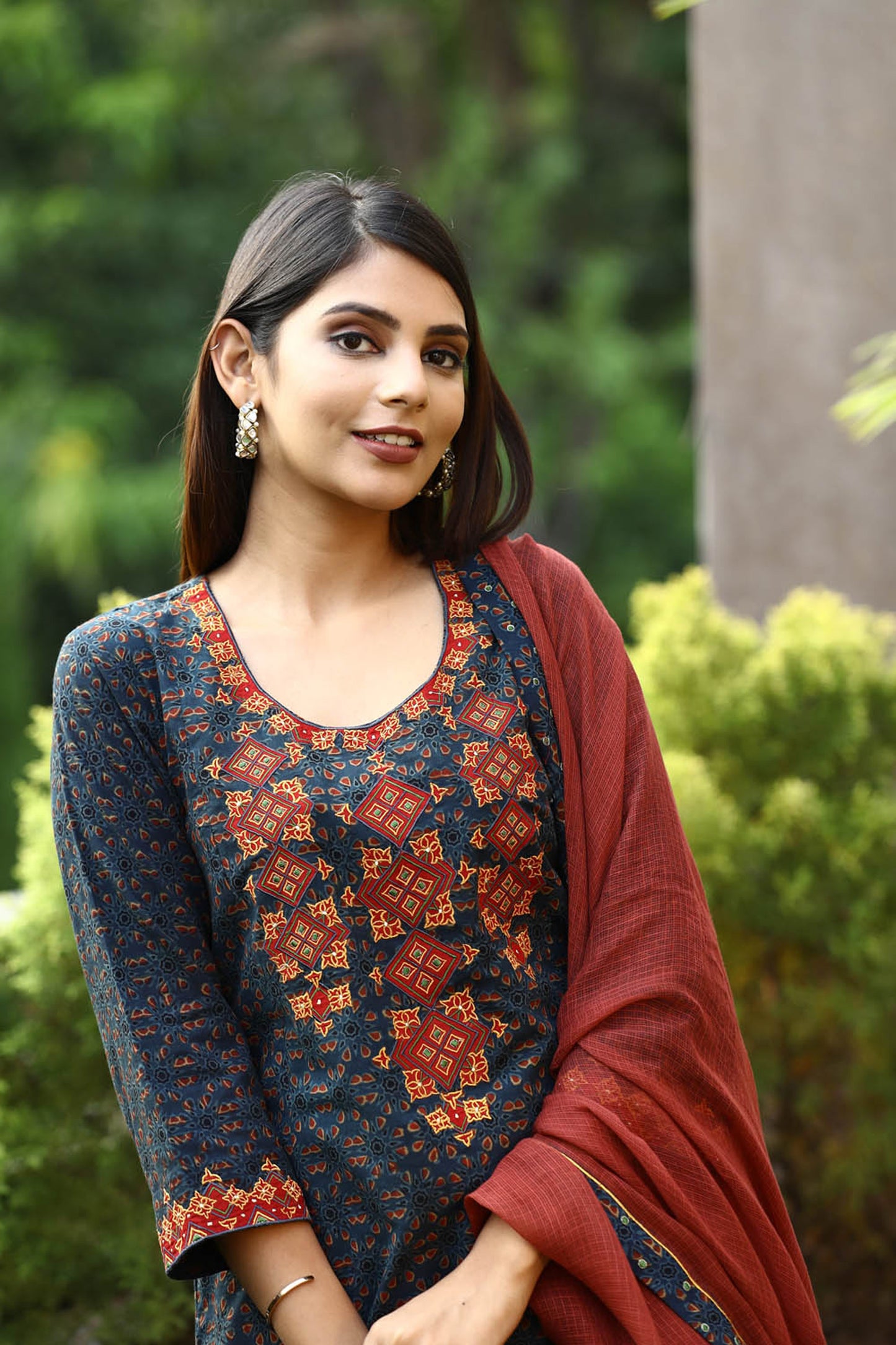 Blue patch Silk embroidered Ajrakh suitset