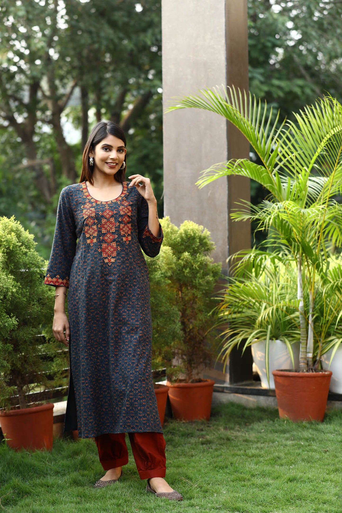 Blue patch Silk embroidered Ajrakh suitset