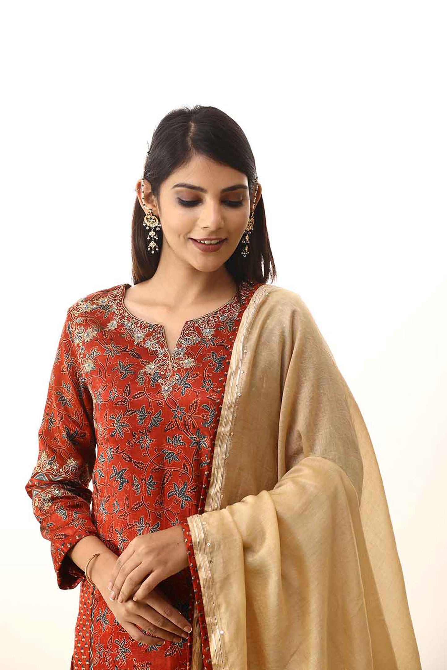 Red zari embroidered mashru silk suitset