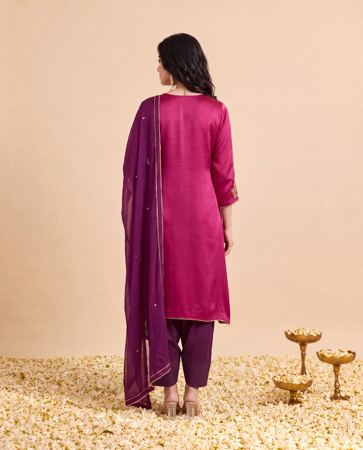 Purple Modal Satin suit with Burgundy Farshi salwar set and Burgundy Georget Dupatta