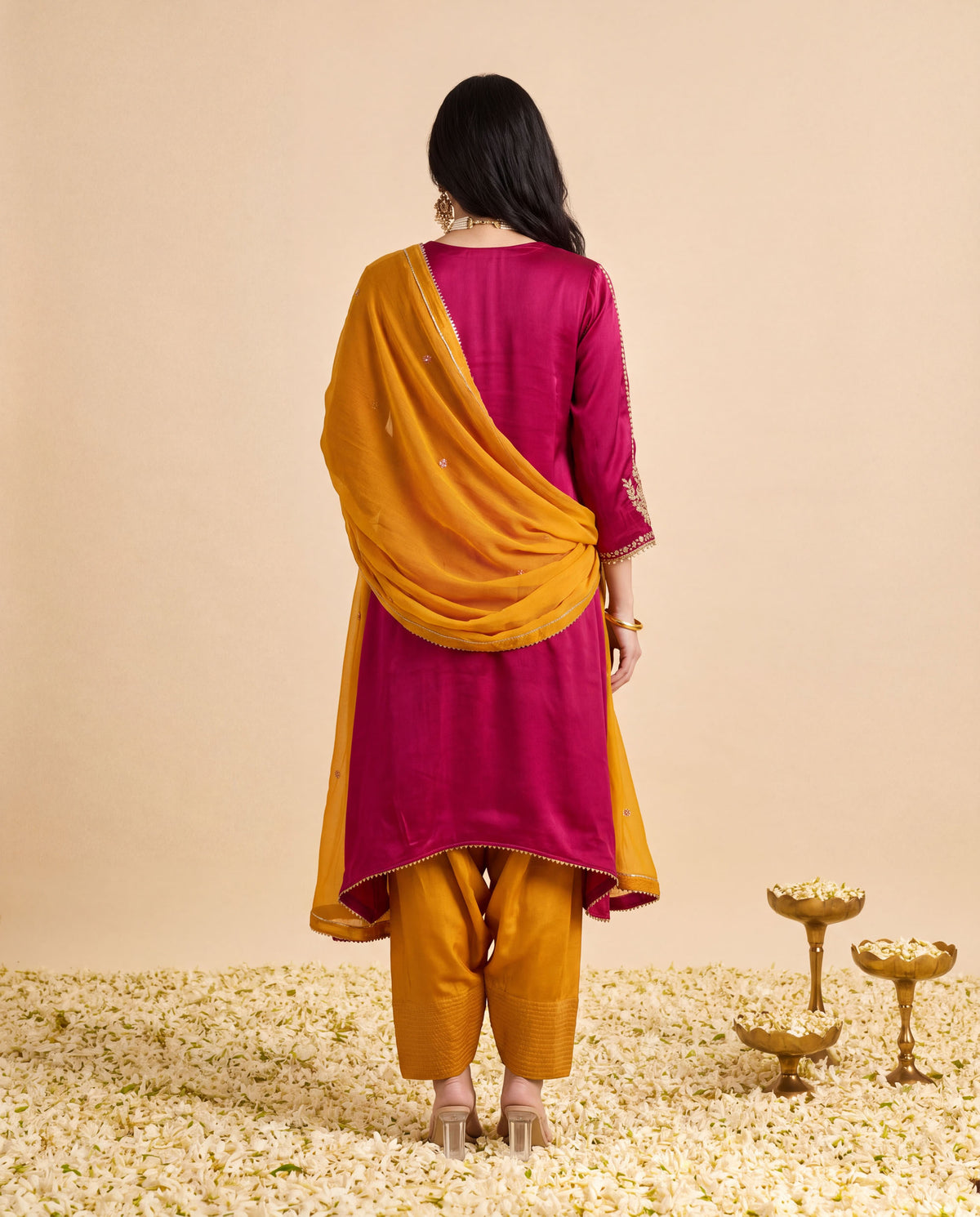 Magenta Modal Satin suit with Mustard Farshi salwar set and Mustard Georget Dupatta