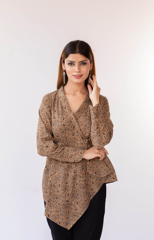 Beige brown floral ajrakh print asymmetric top