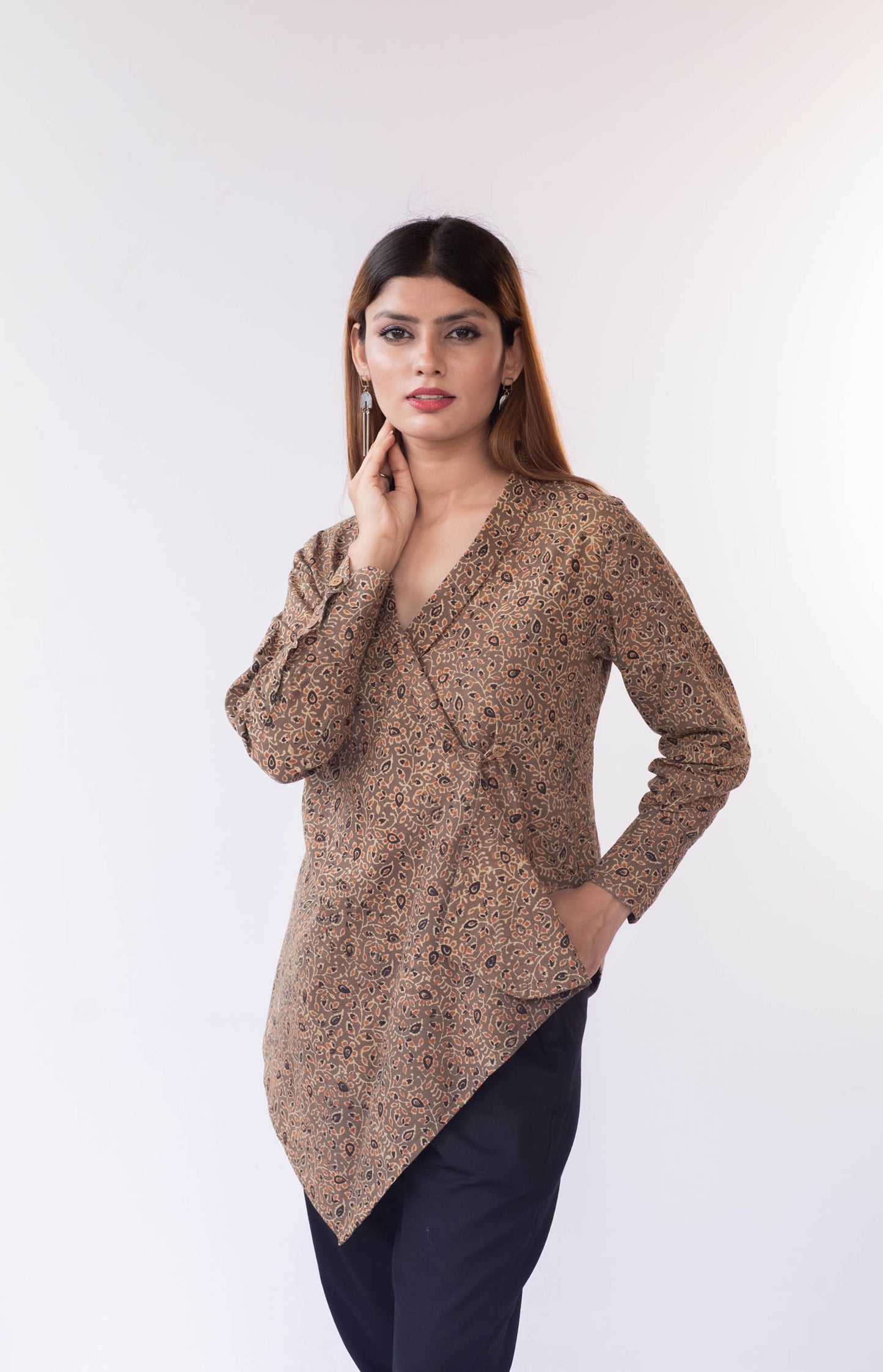 Beige brown floral ajrakh print asymmetric top