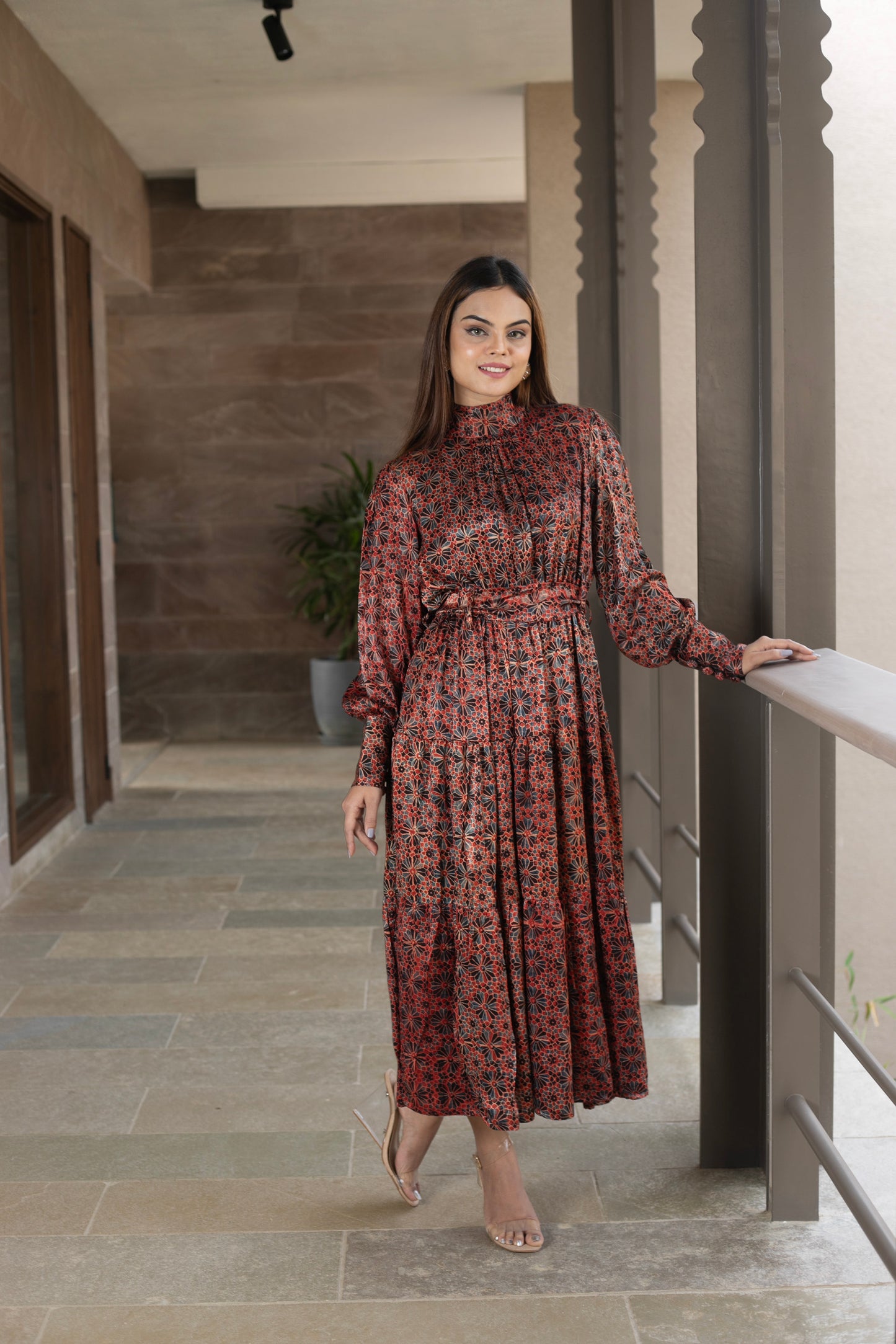 Red Modal Fan high neck Tier Print dress