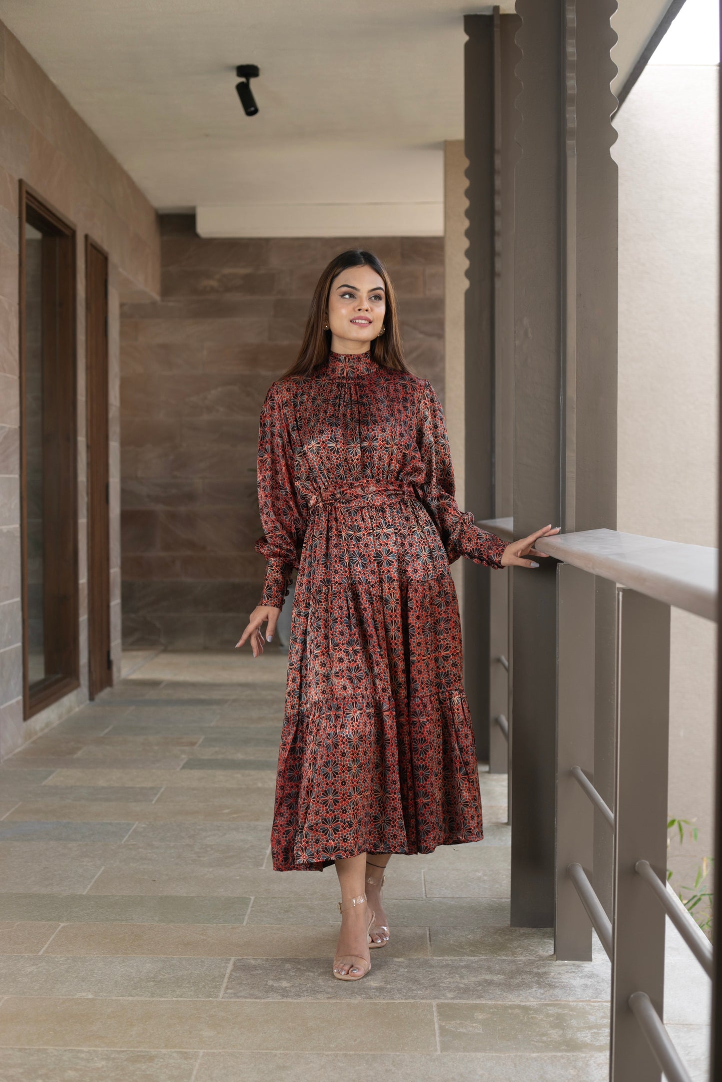 Red Modal Fan high neck Tier Print dress