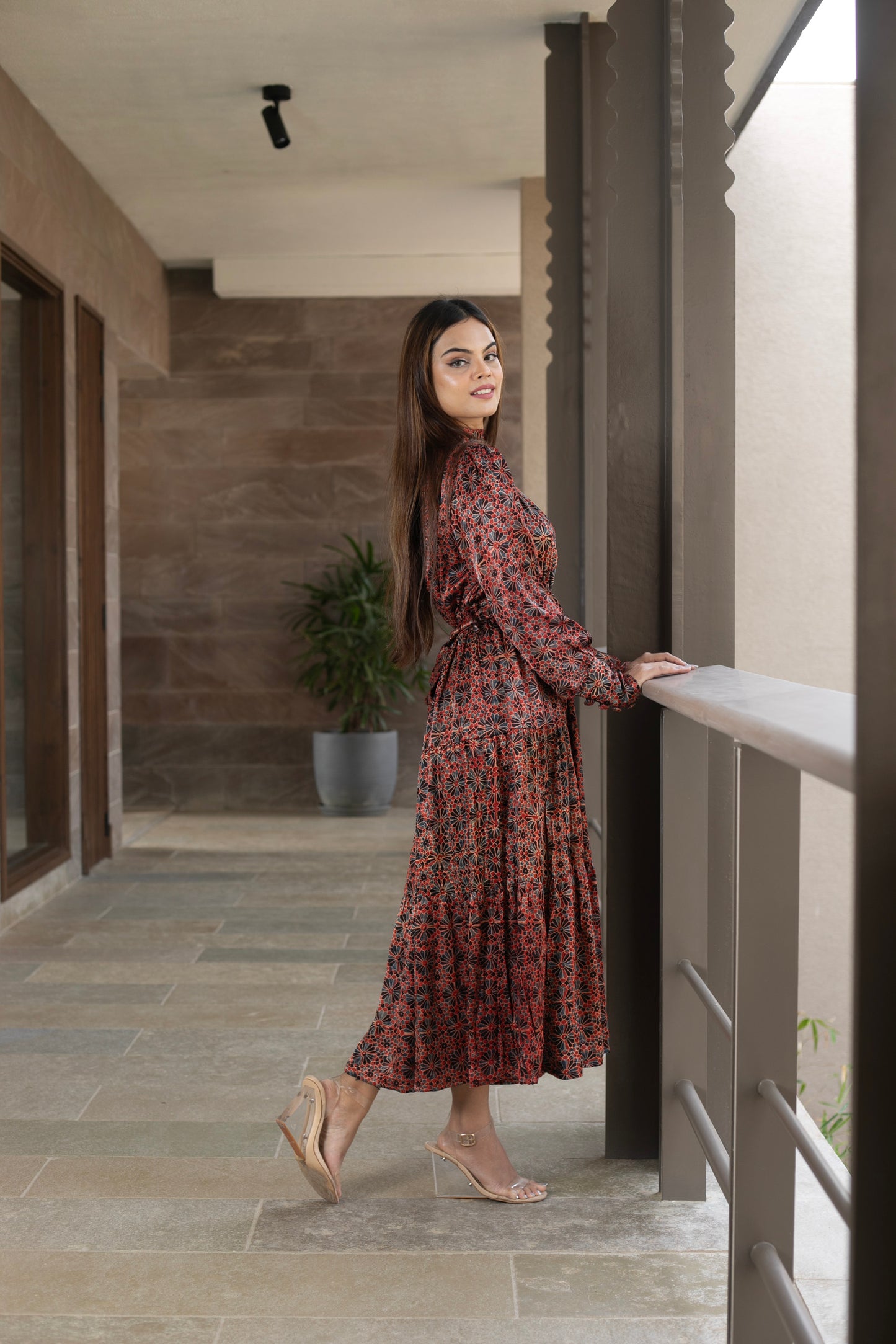 Red Modal Fan high neck Tier Print dress