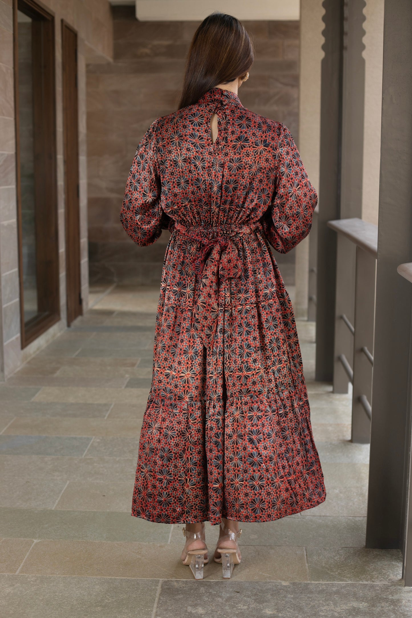 Red Modal Fan high neck Tier Print dress