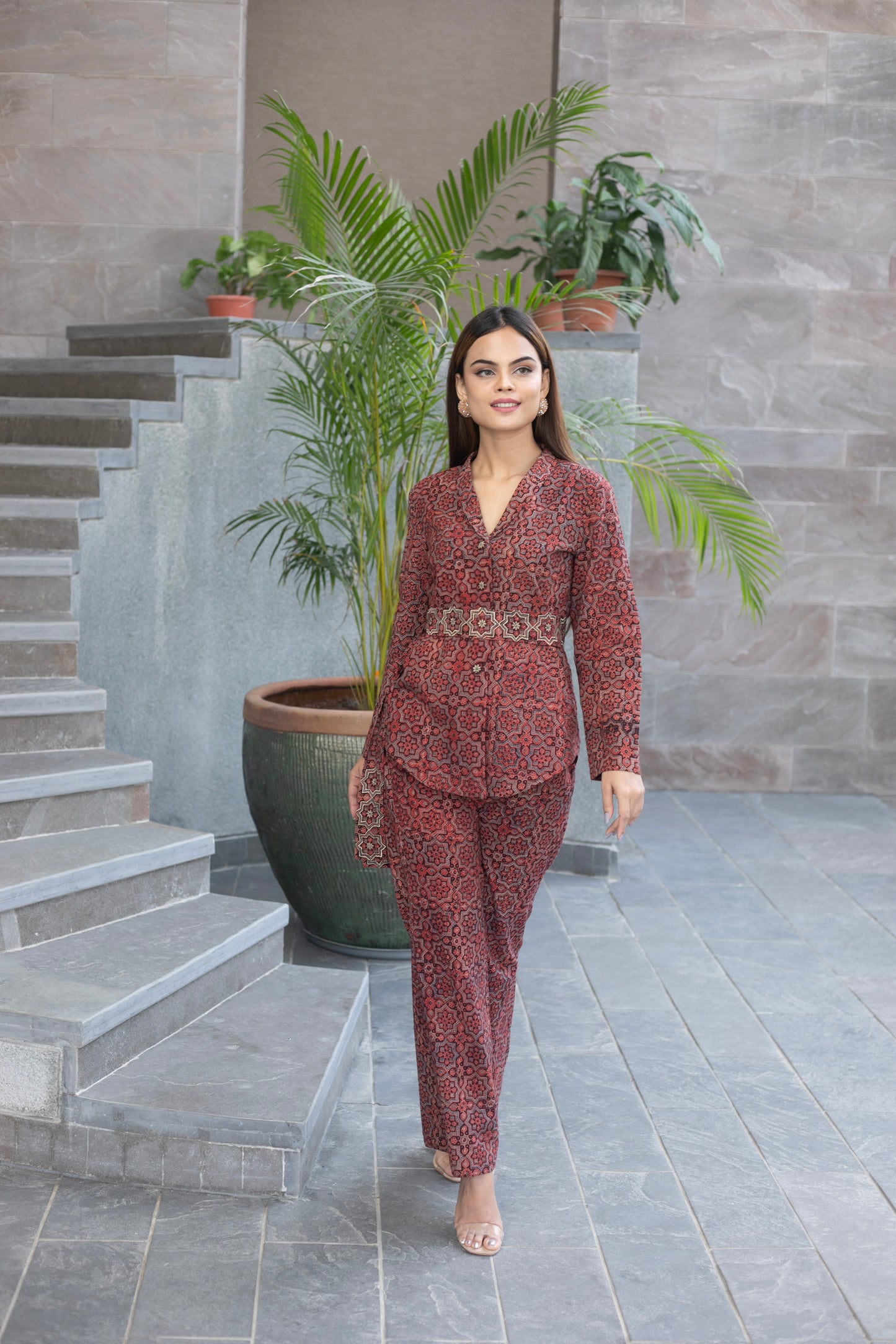 Red Ajrakh Cordset  with zari Embellished belt