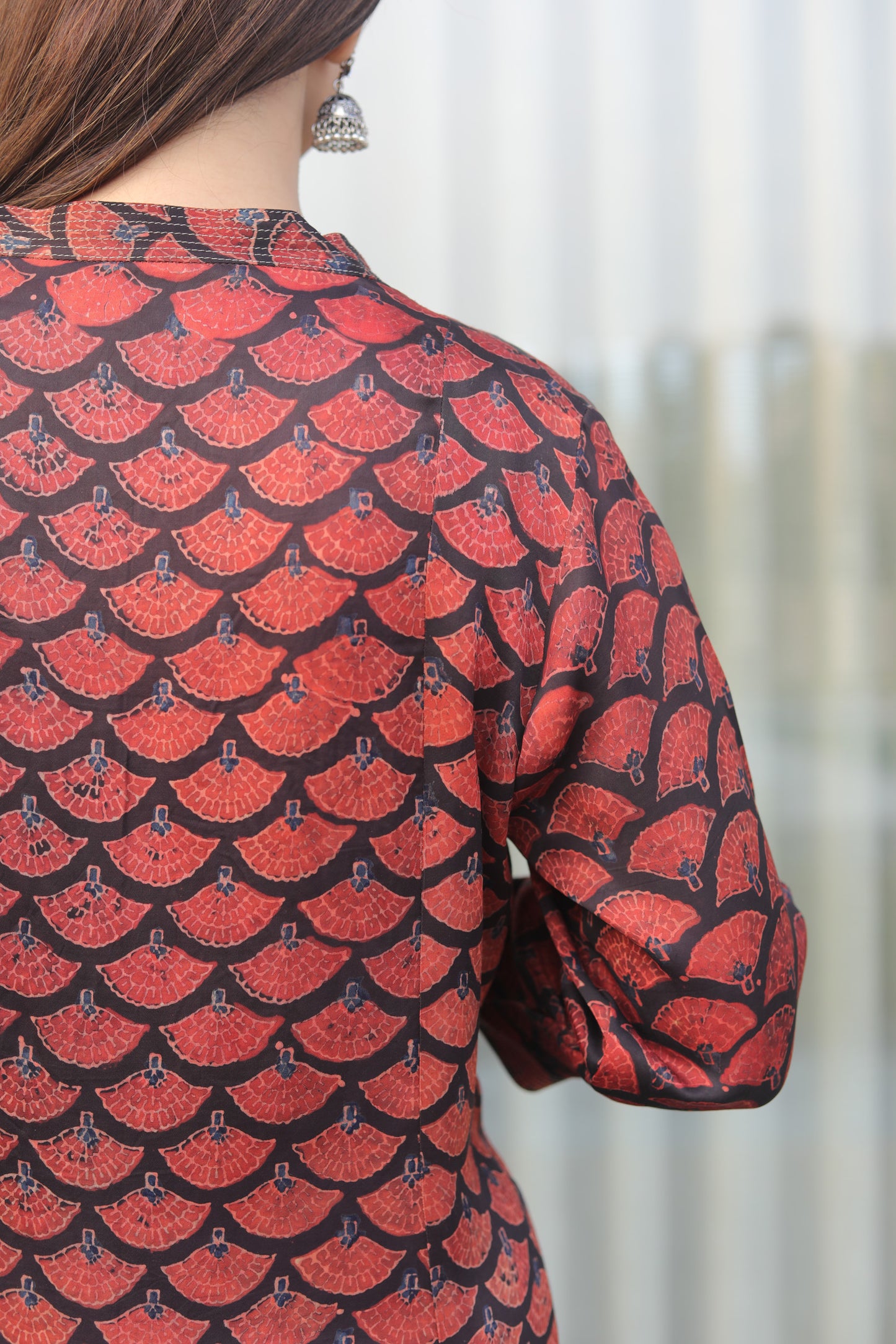 Black Ajrakh red floral print Modal Kurta