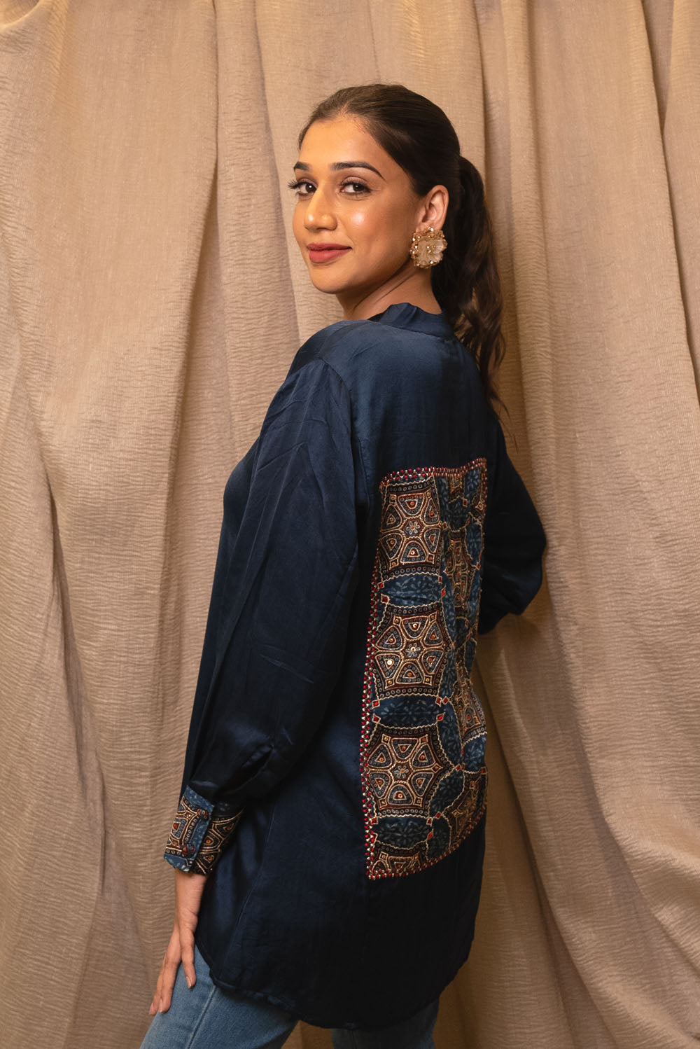 Modal Silk Ajrakh Patched Shirt
