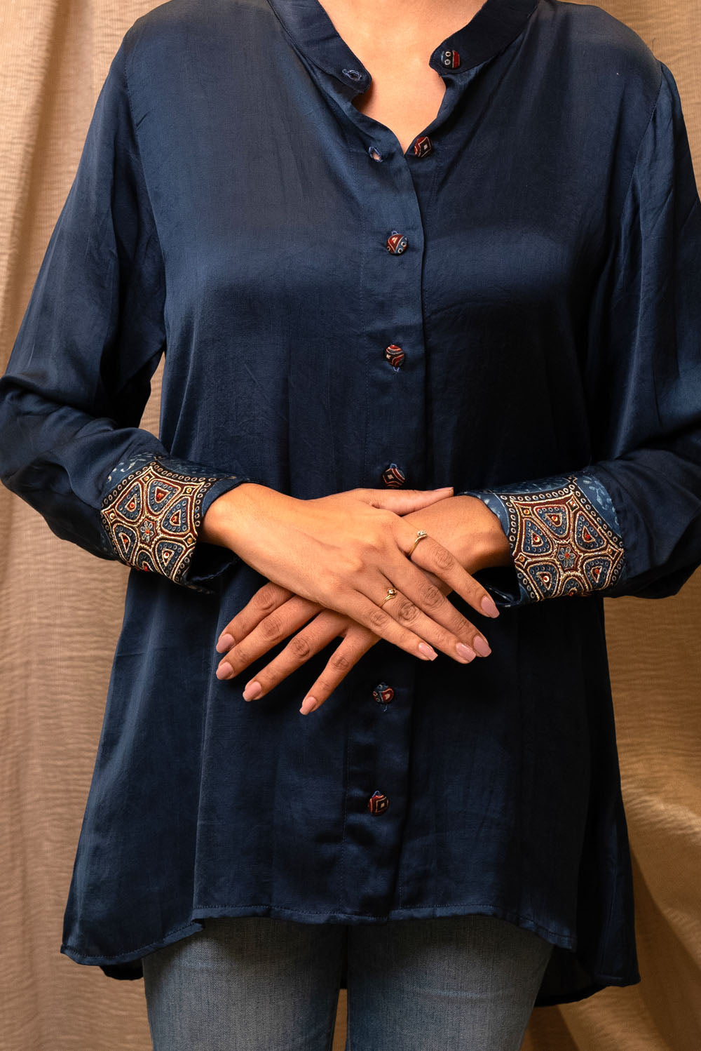 Modal Silk Ajrakh Patched Shirt