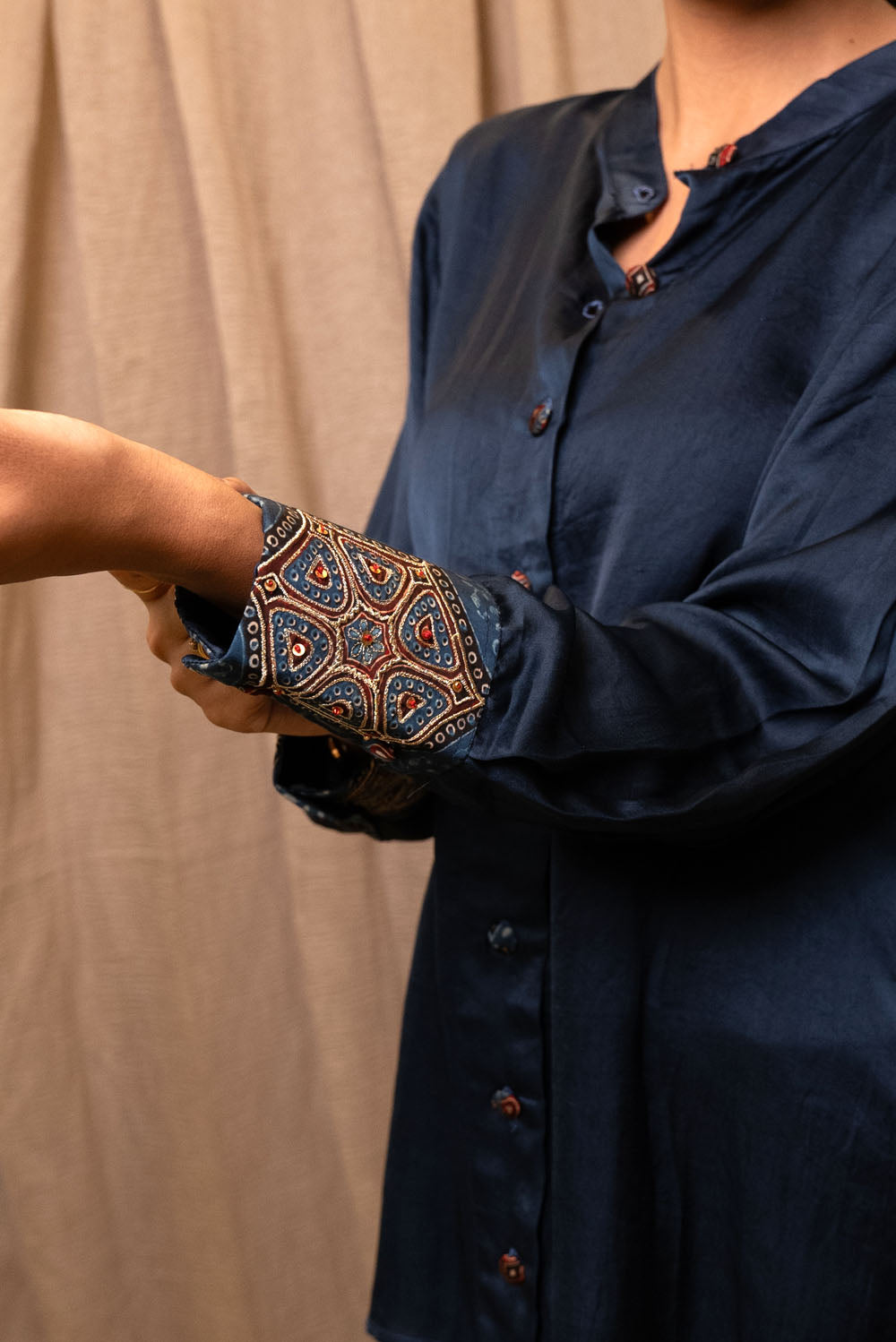 Modal Silk Ajrakh Patched Shirt